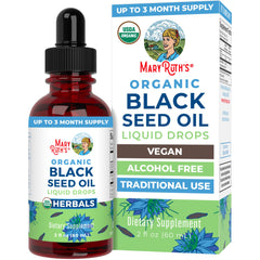 MaryRuth Organics Black Seed Oil bottle highlights organic quality for daily use.