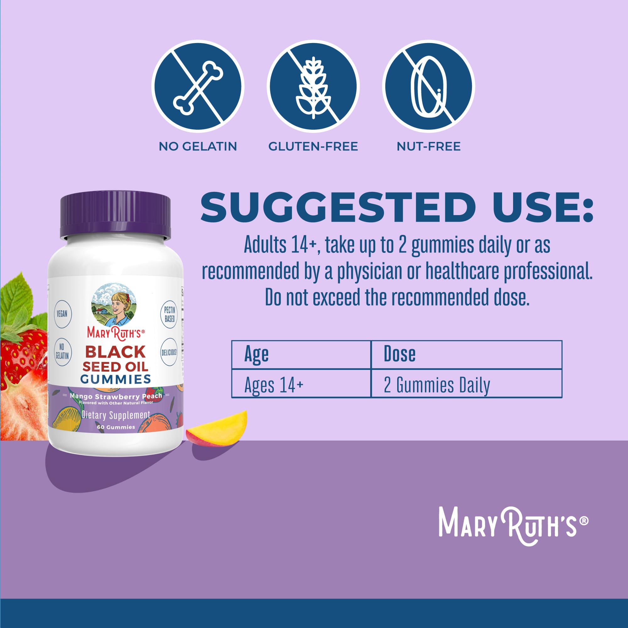 MaryRuth Organics gummies with mango-strawberry-peach flavor in close-up.