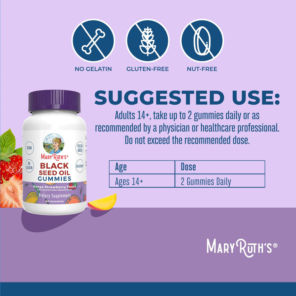MaryRuth Organics gummies with mango-strawberry-peach flavor in close-up.
