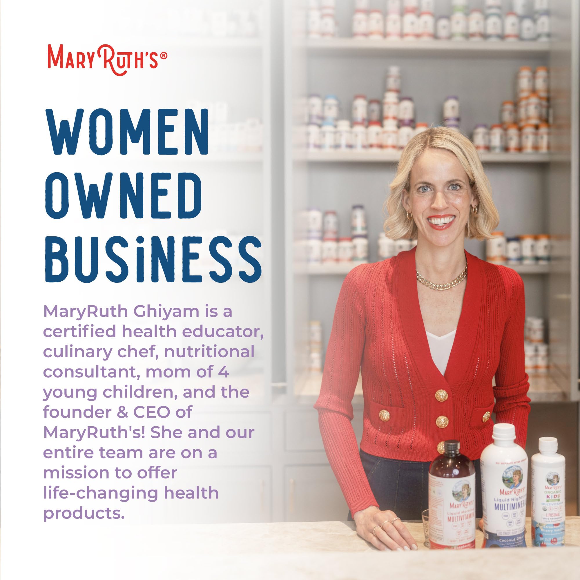 B Corp certified logo appears beside MaryRuth Organics product image.