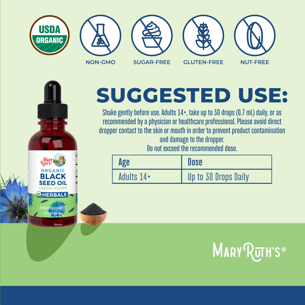 MaryRuth Organics Black Seed Oil liquid drops show a rich golden color for daily use.