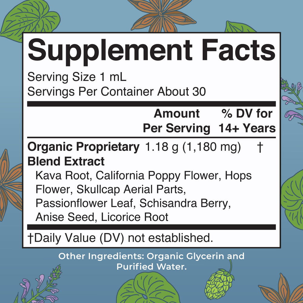 MaryRuth Organics eight herb Calmness blend ingredients laid out for natural relaxation
