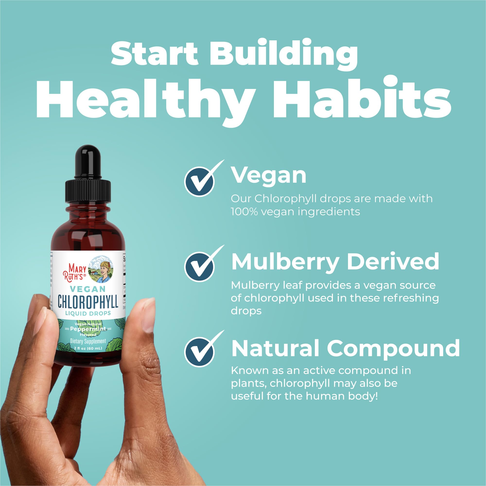 Label on MaryRuth Organics Chlorophyll Drops highlighting Clean Label and vegan.