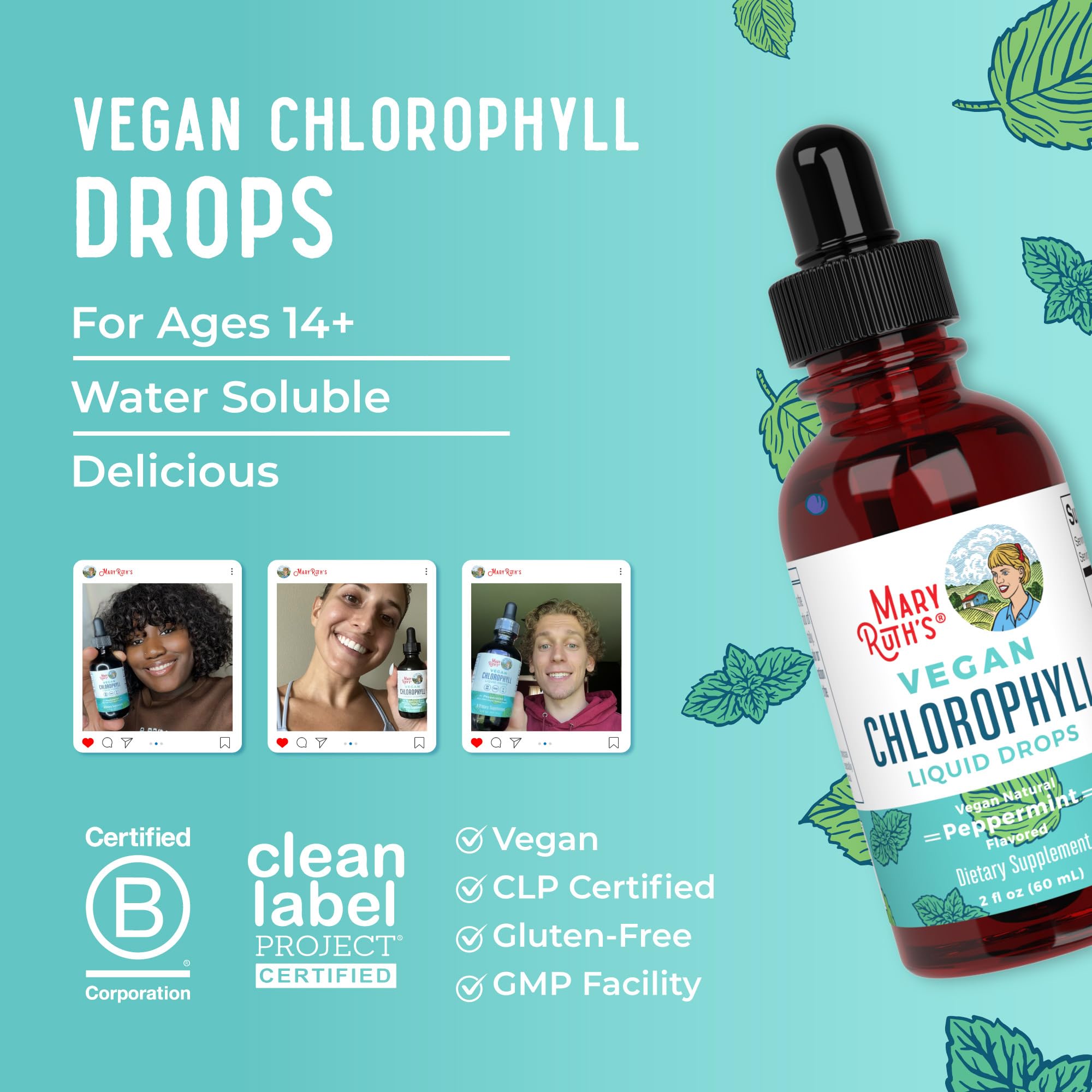 Close-up of MaryRuth Organics Chlorophyll Drops showing mulberry-derived chlorophyllin.