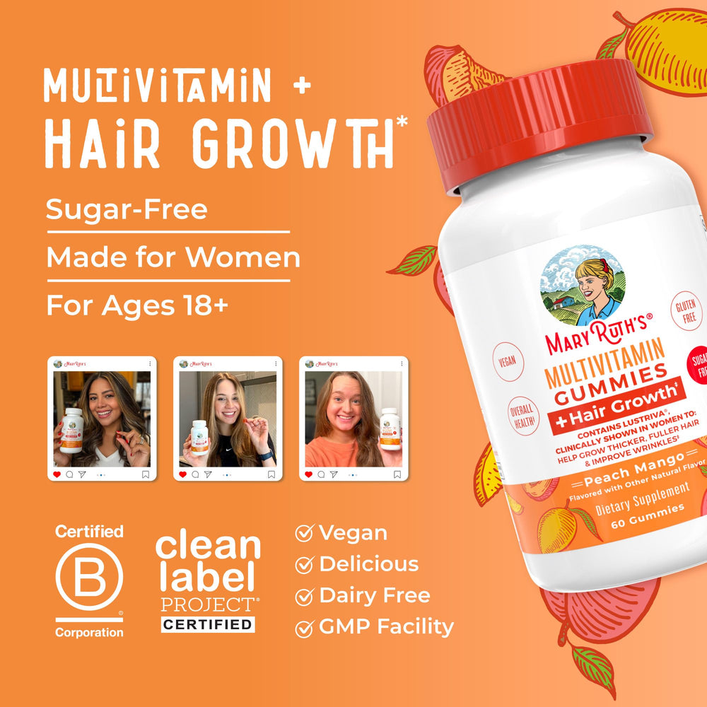 MaryRuth Organics packaging with clean label certifications badge visible