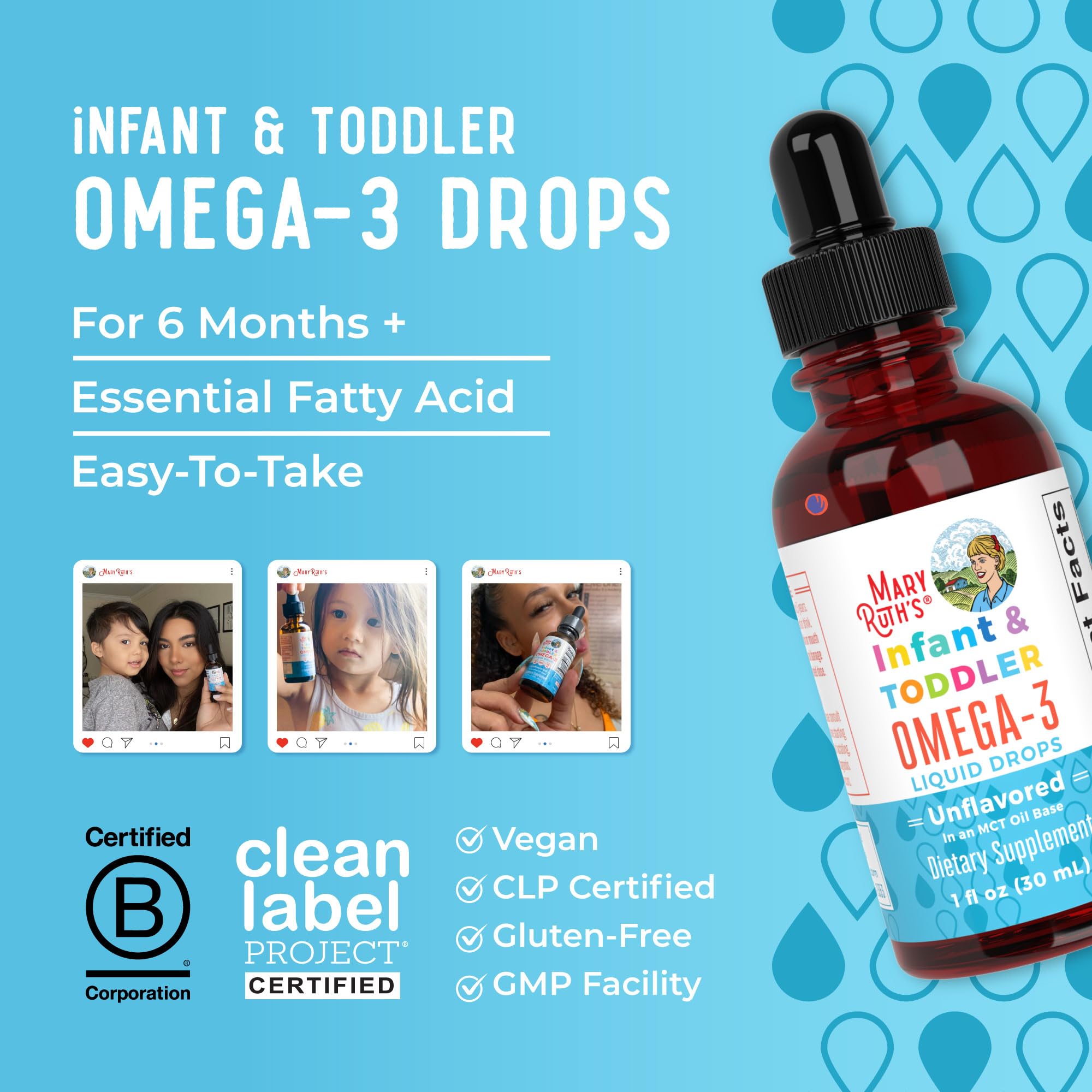 Clear liquid omega-3 drops in dropper for easy dosing.