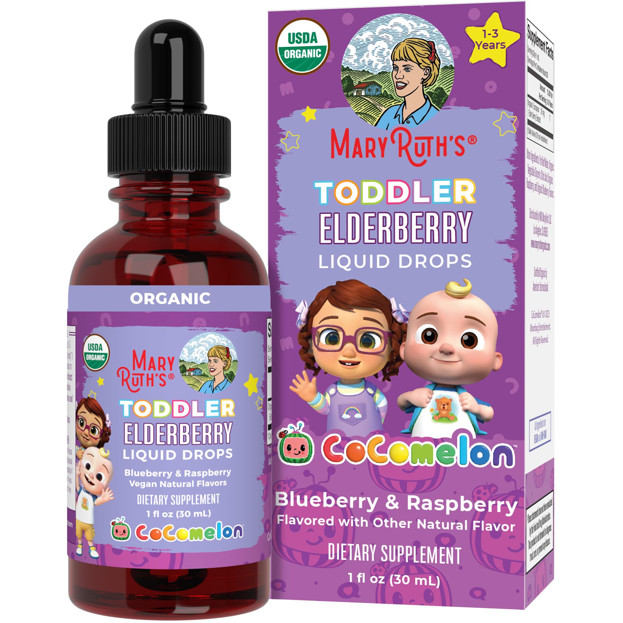 MaryRuth Organics Cocomelon elderberry syrup bottle for easy toddler dosing