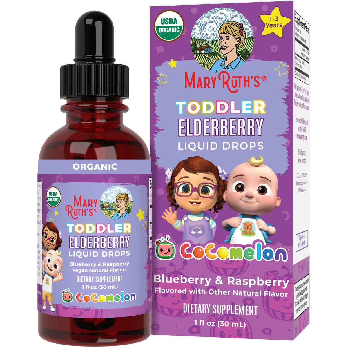 MaryRuth Organics Cocomelon elderberry syrup bottle for easy toddler dosing