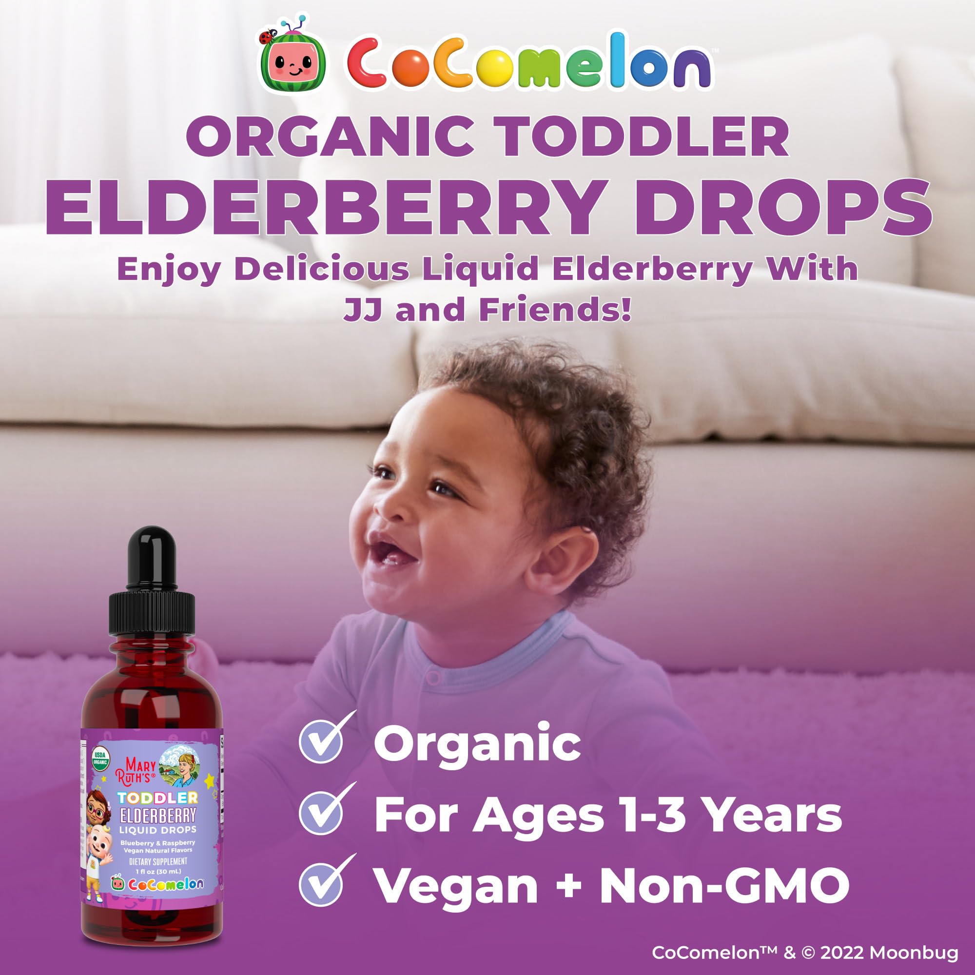 Measuring dropper and bottle of MaryRuth Organics Cocomelon elderberry syrup