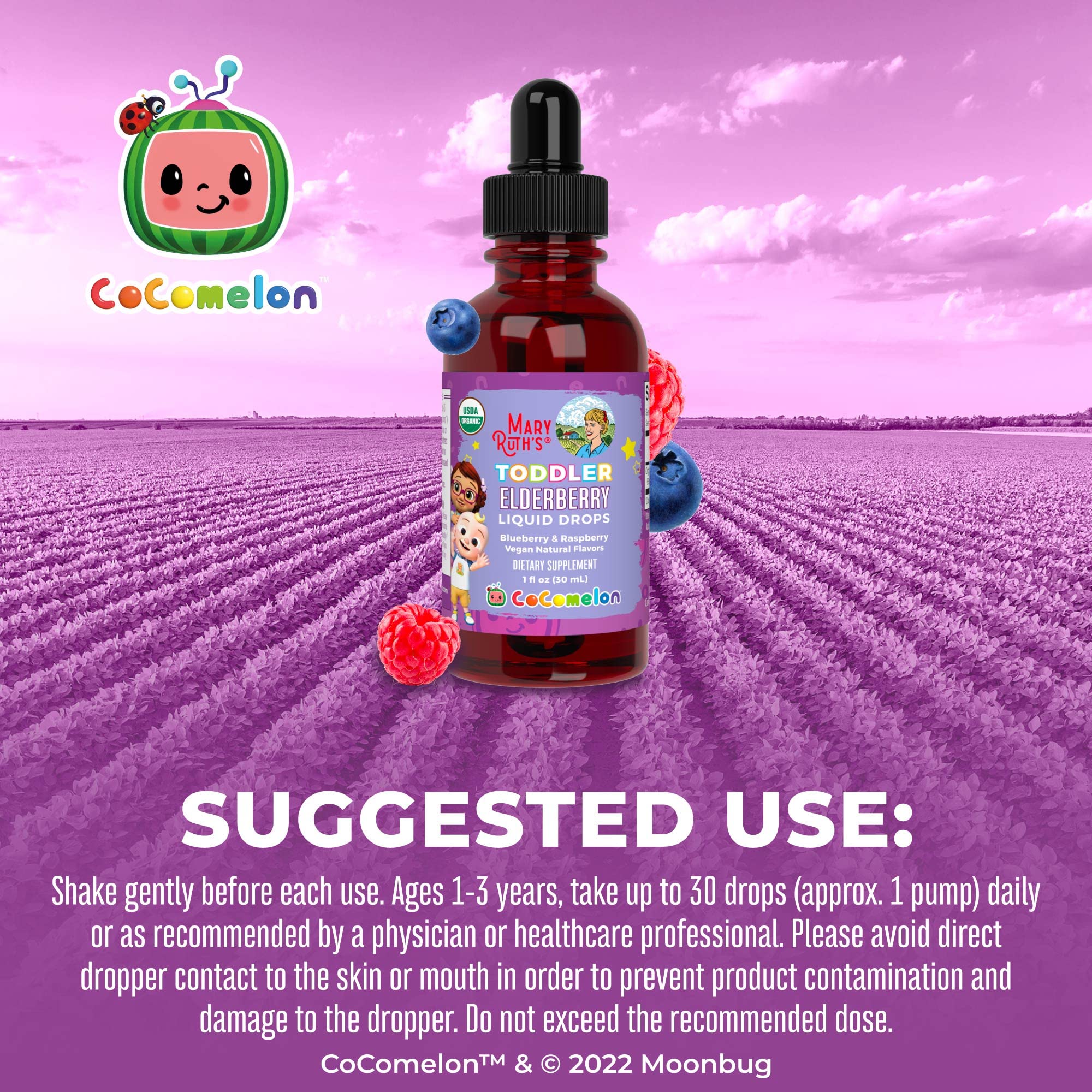 Sugar free MaryRuth Organics Cocomelon elderberry syrup with clean ingredients