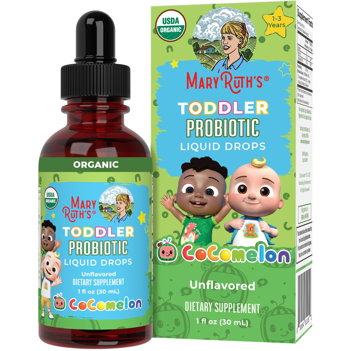 MaryRuth Organics Cocomelon probiotic bottle supports toddler gut wellness through daily use.