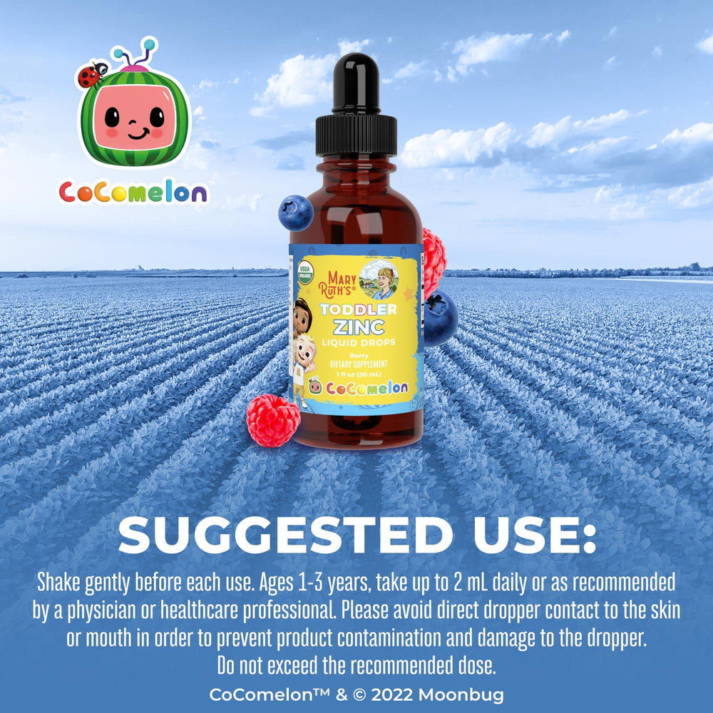 Close up of CoComelon Toddler Zinc label showing organic and sugar free claims