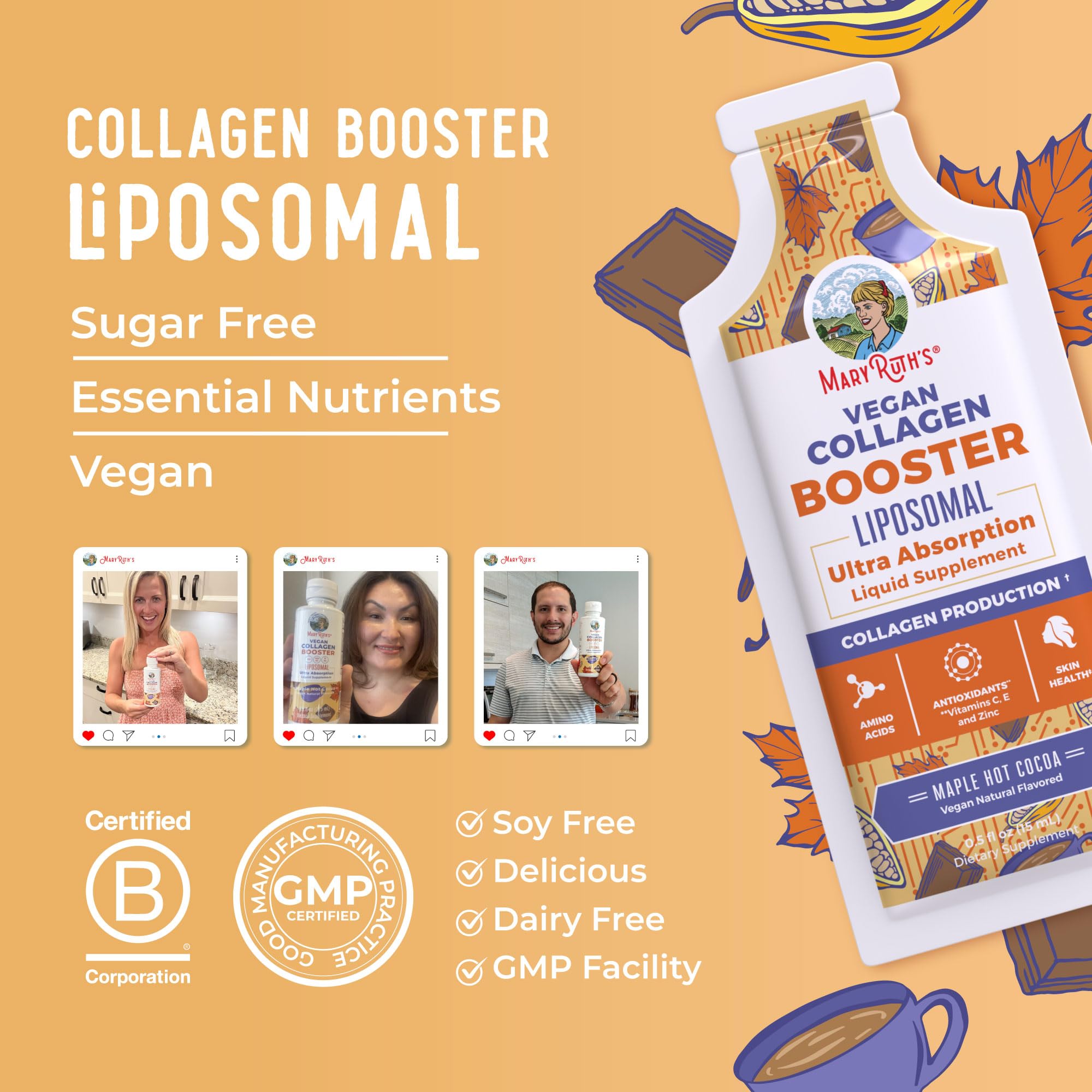 MaryRuth Organics Collagen Booster Liposomal gluten-free label signals accessible option for many.