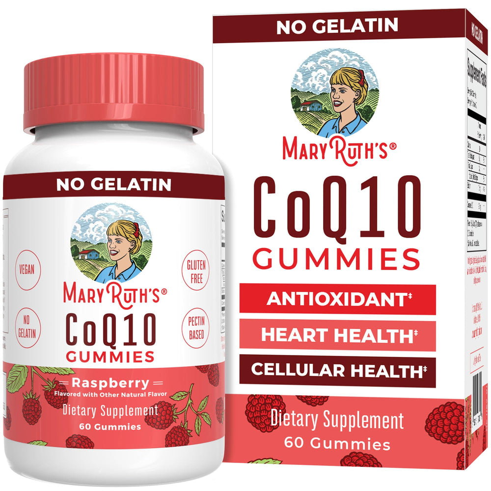 MaryRuth Organics CoQ10 gummies raspberry bottle for daily antioxidant support.