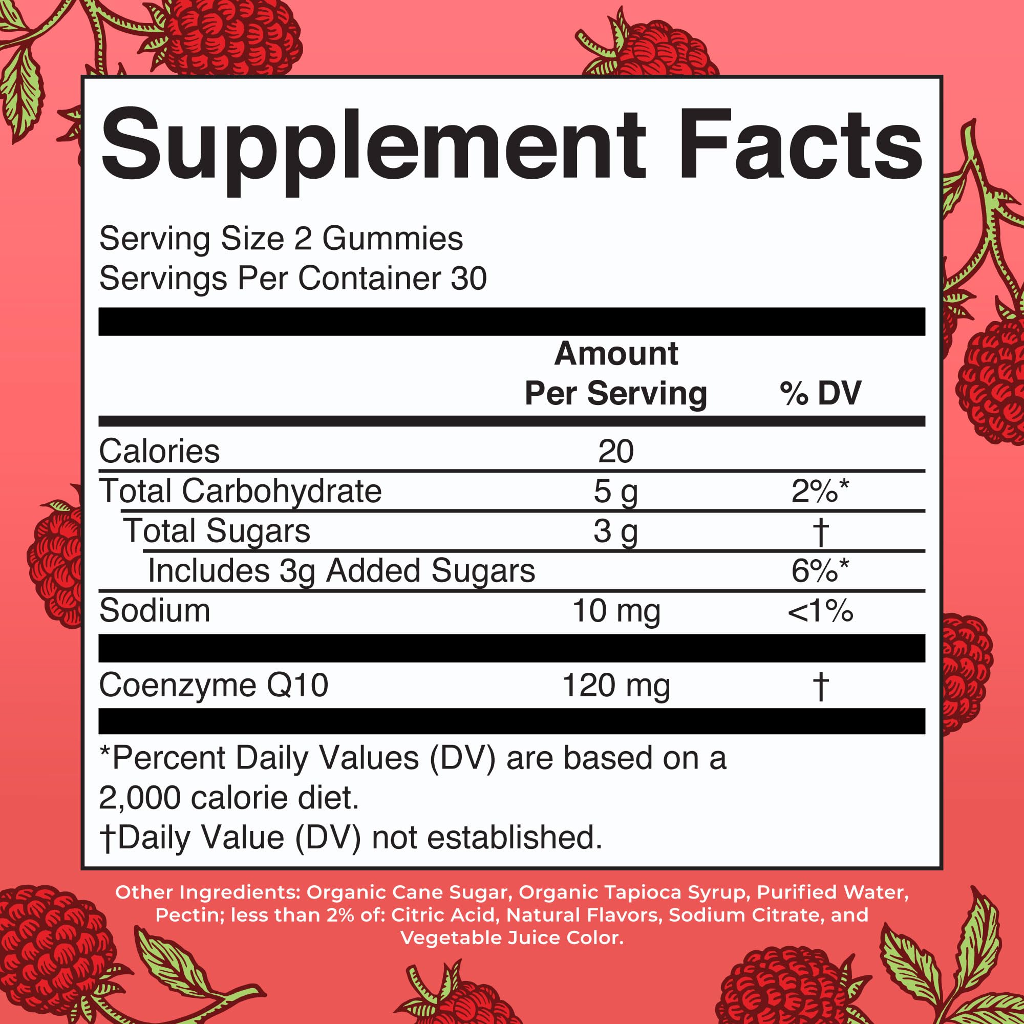 Close-up of Raspberry CoQ10 gummies highlighting vegan formula for daily use.
