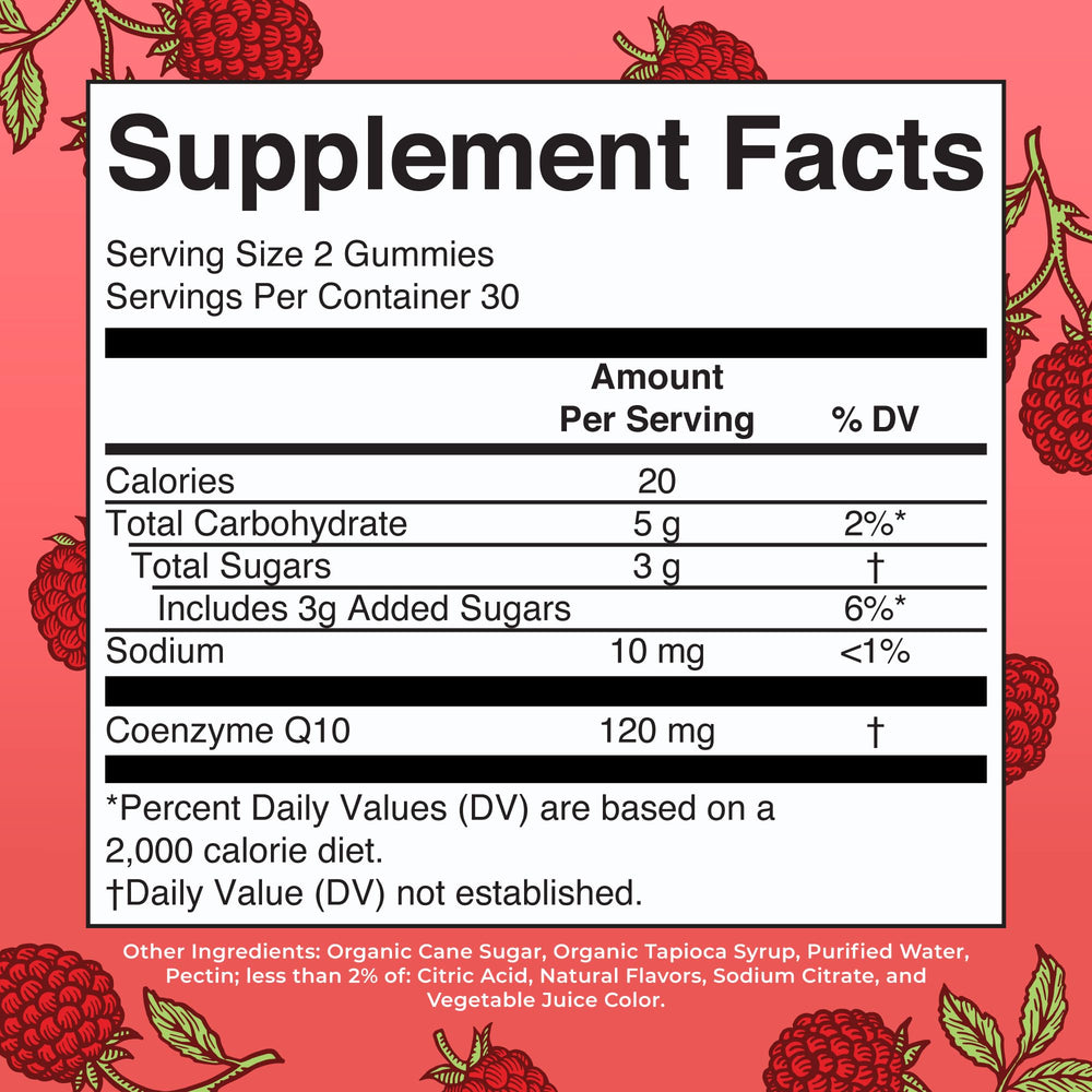 Close-up of Raspberry CoQ10 gummies highlighting vegan formula for daily use.