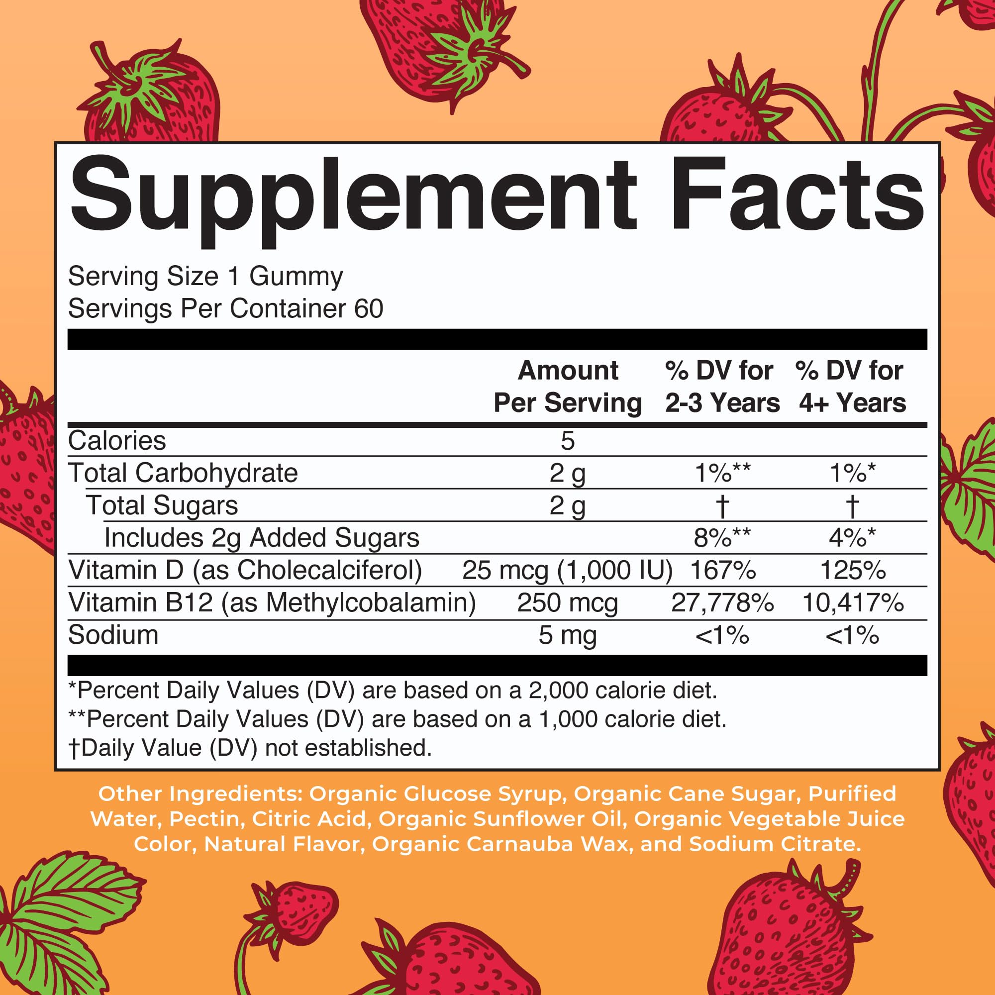 Close-up of strawberry gummies highlighting natural flavor and key D3 B12 nutrients.