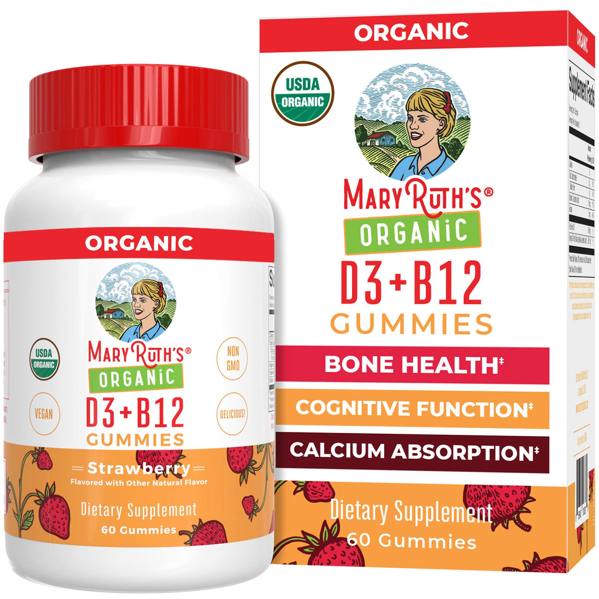 MaryRuth's D3 B12 gummies bottle front shows vegan, organic formula for all ages.