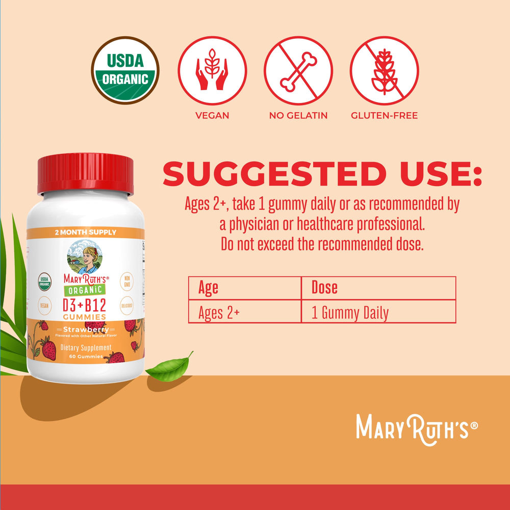 Nutrition label on MaryRuth's gummies shows 60 servings and nutrient amounts.