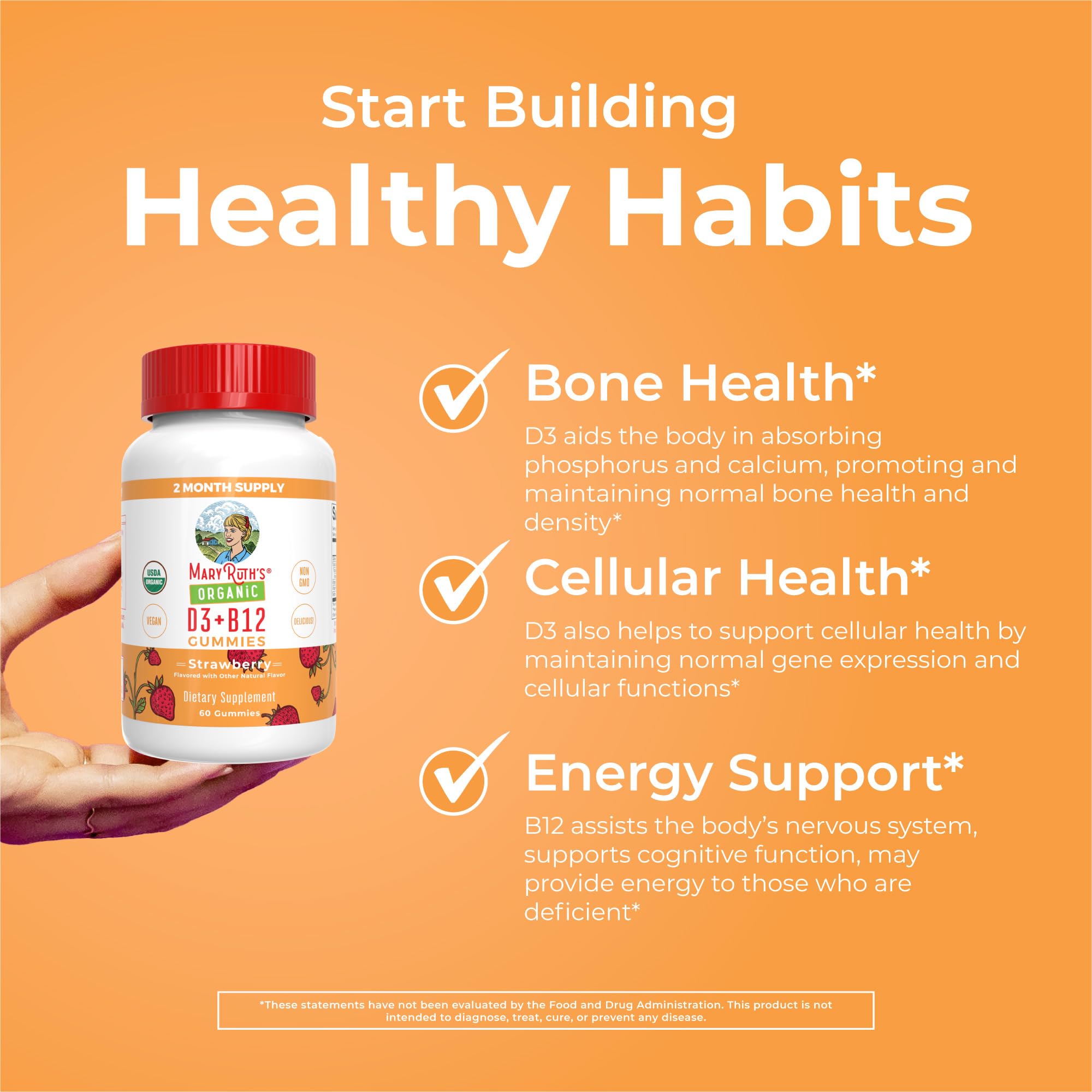 Vegan ingredients and plant-based D3 B12 support daily use.