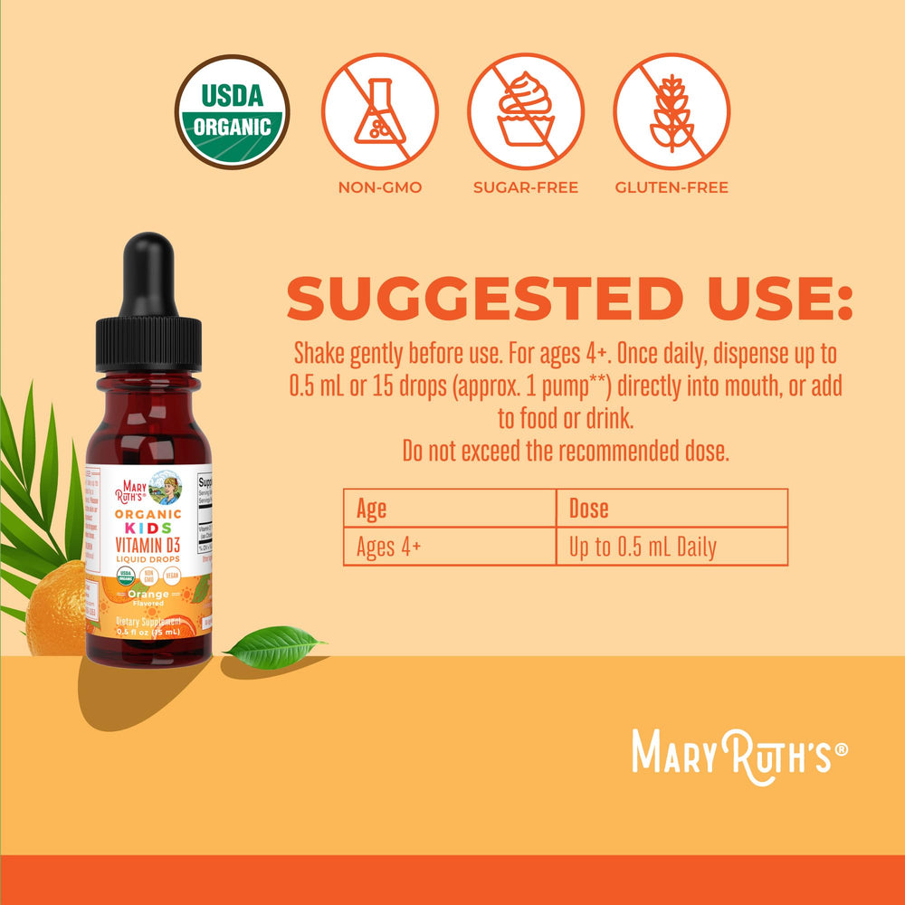 MaryRuth Organics D3 drops orange flavor bottle top view