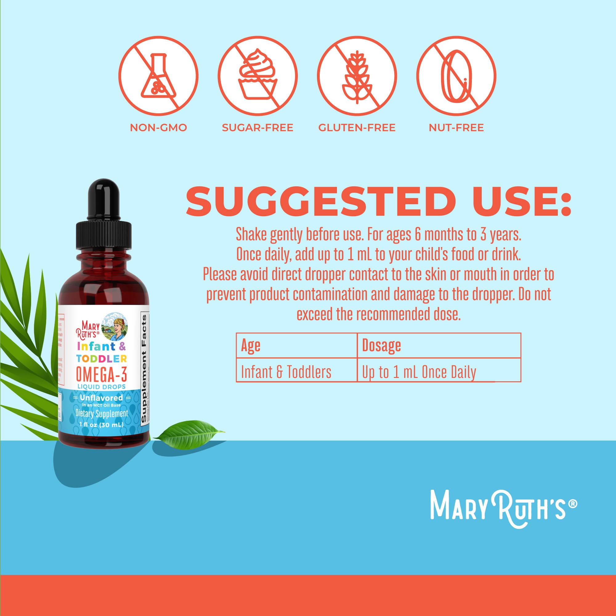 DHA and EPA label on MaryRuth Organics omega-3 bottle.