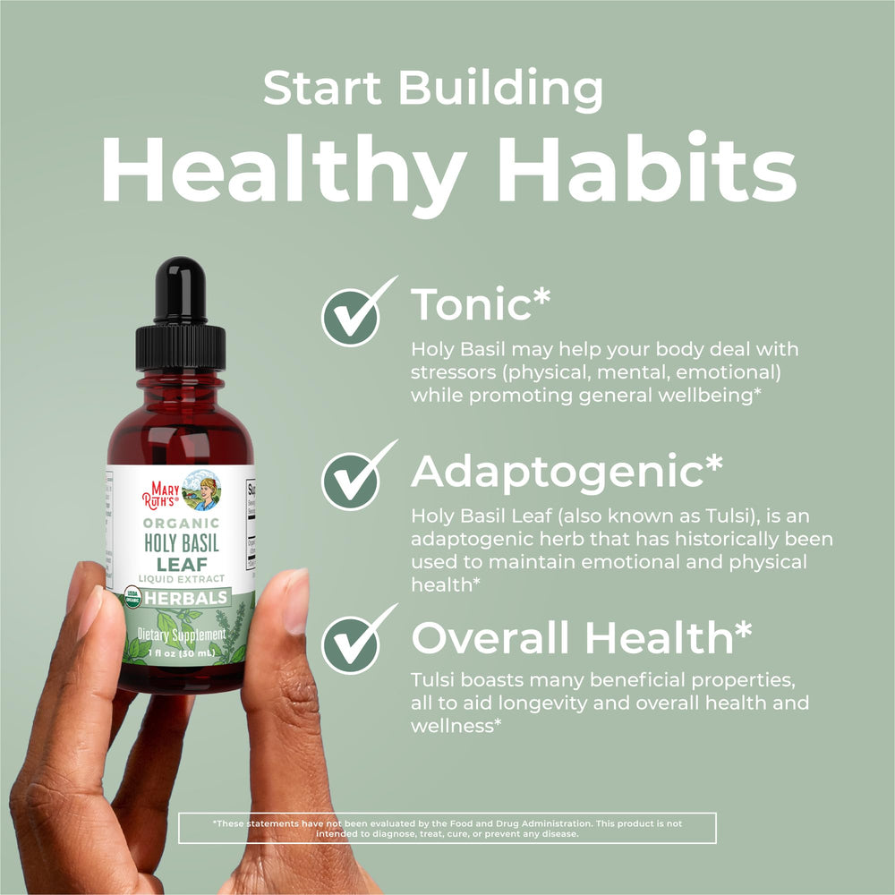 MaryRuth Organics Holy Basil drops with water for digestion support
