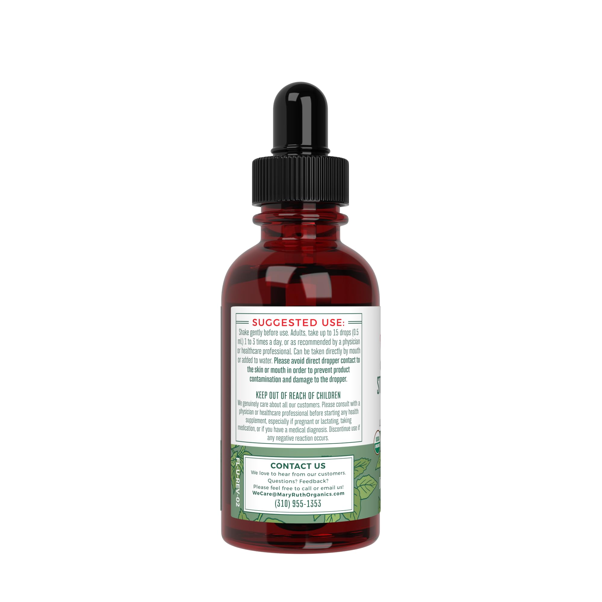 MaryRuth Organics drops measuring dropper illustrating 0.5 mL serving