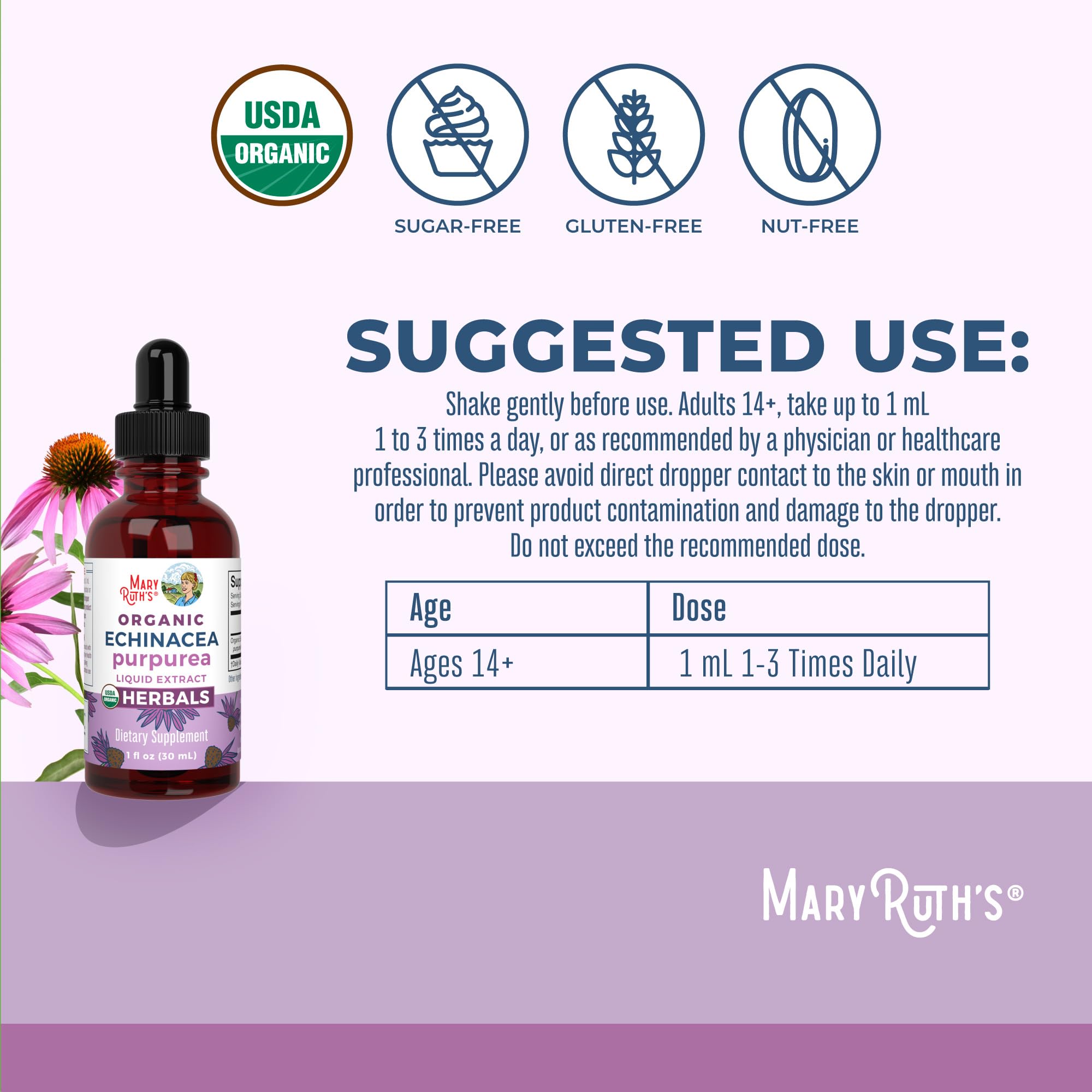 MaryRuth Organics Echinacea bottle side view for everyday use.