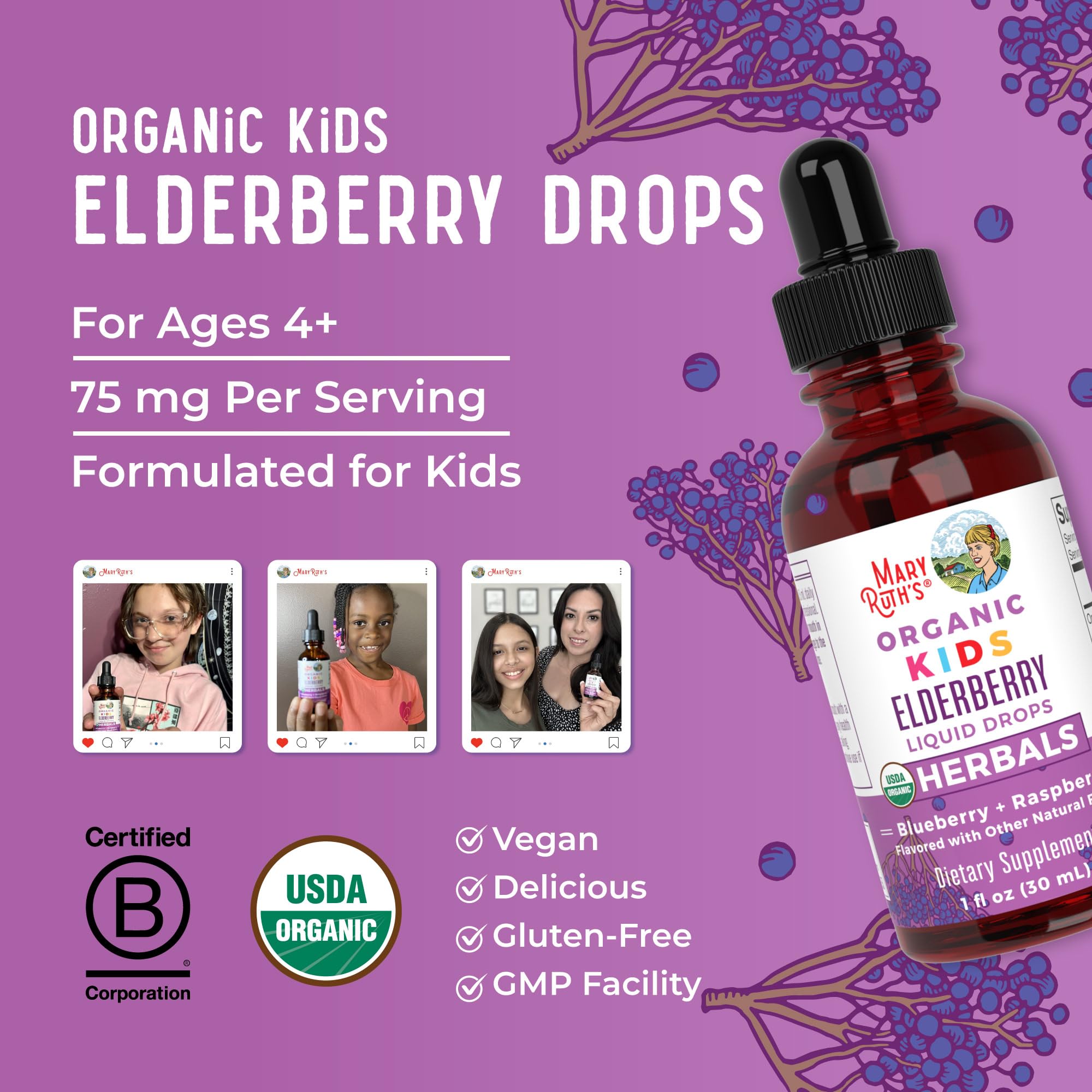 MaryRuth Organics Elderberry Drops packaging oriented toward kids ages 4-13
