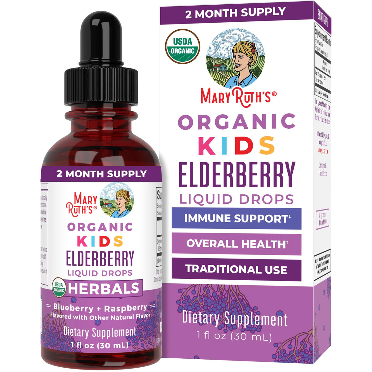 MaryRuth Organics Elderberry Drops for Kids bottle on counter, supports daily immune wellness