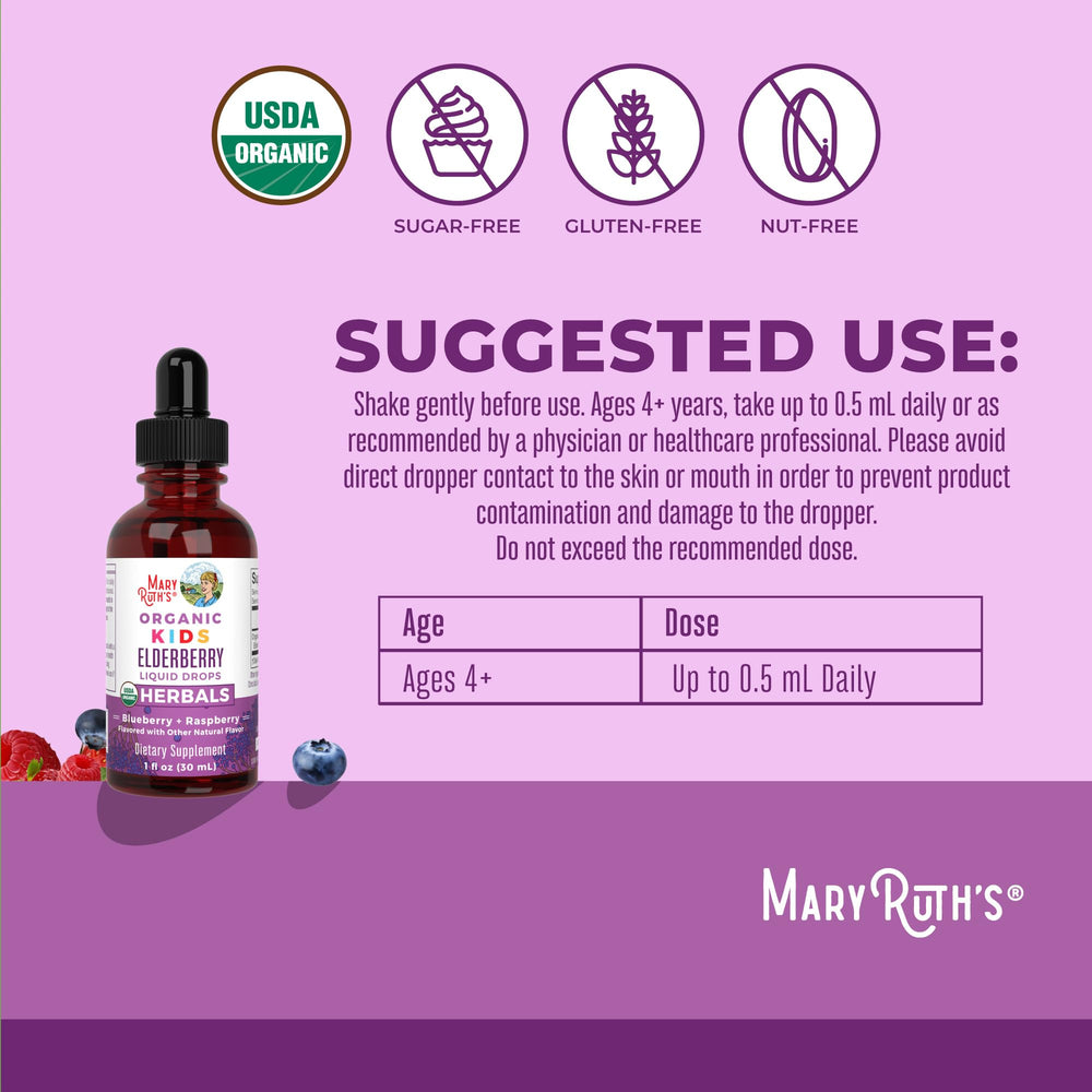 MaryRuth Organics Elderberry Drops for Kids label close-up showing organic ingredients