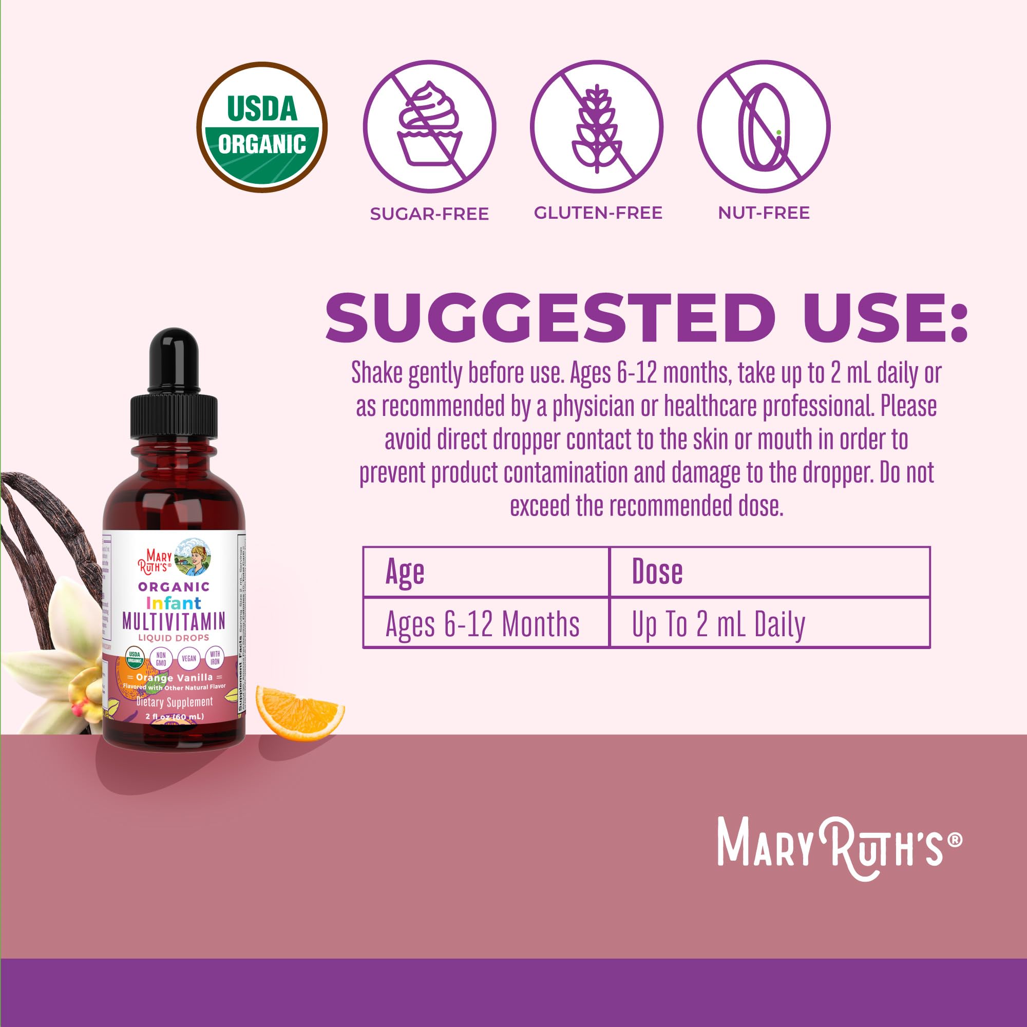 Ferrochel iron drops from MaryRuth Organics support infant iron intake.