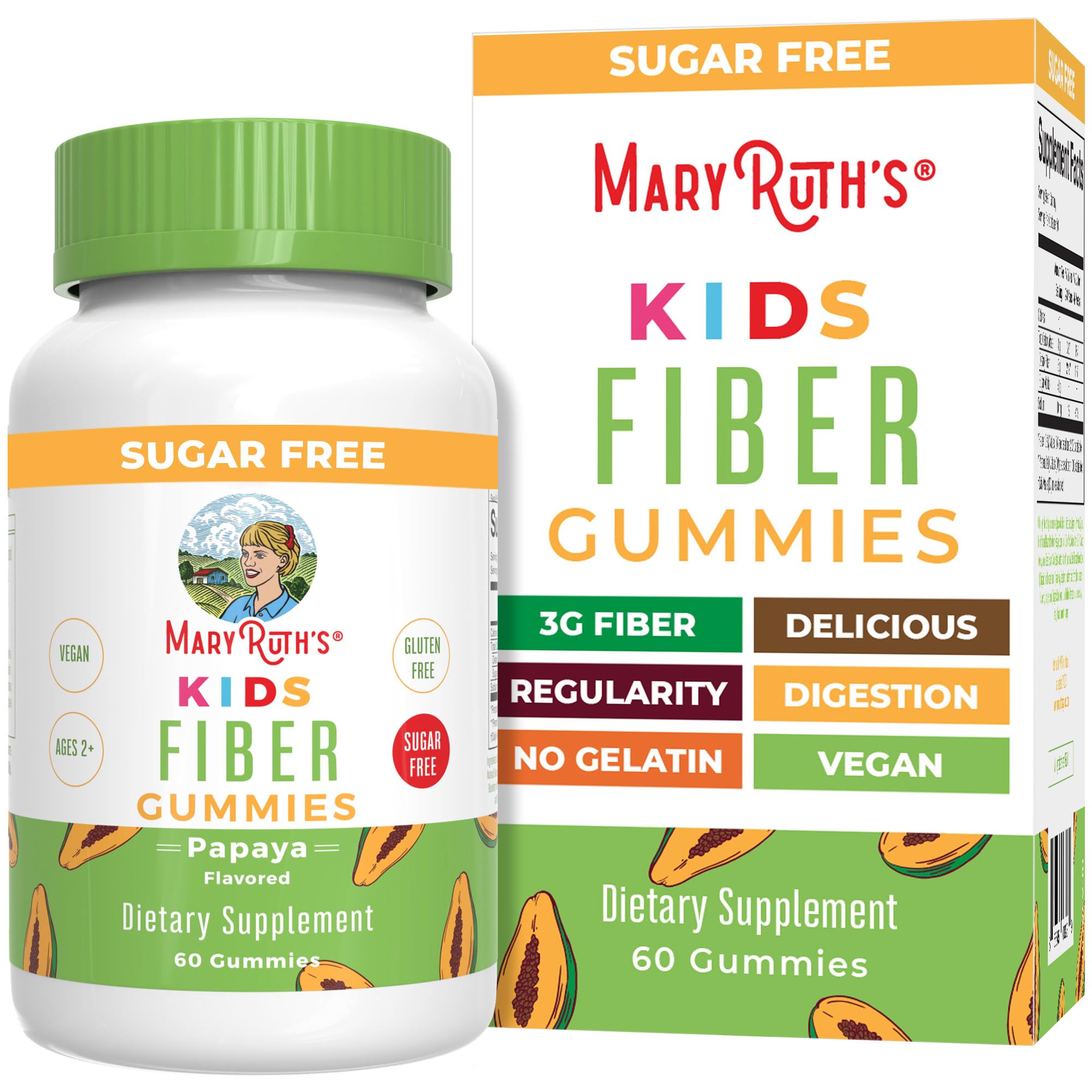 MaryRuth Organics Kids Fiber Gummies bottle close-up supports gentle digestion.