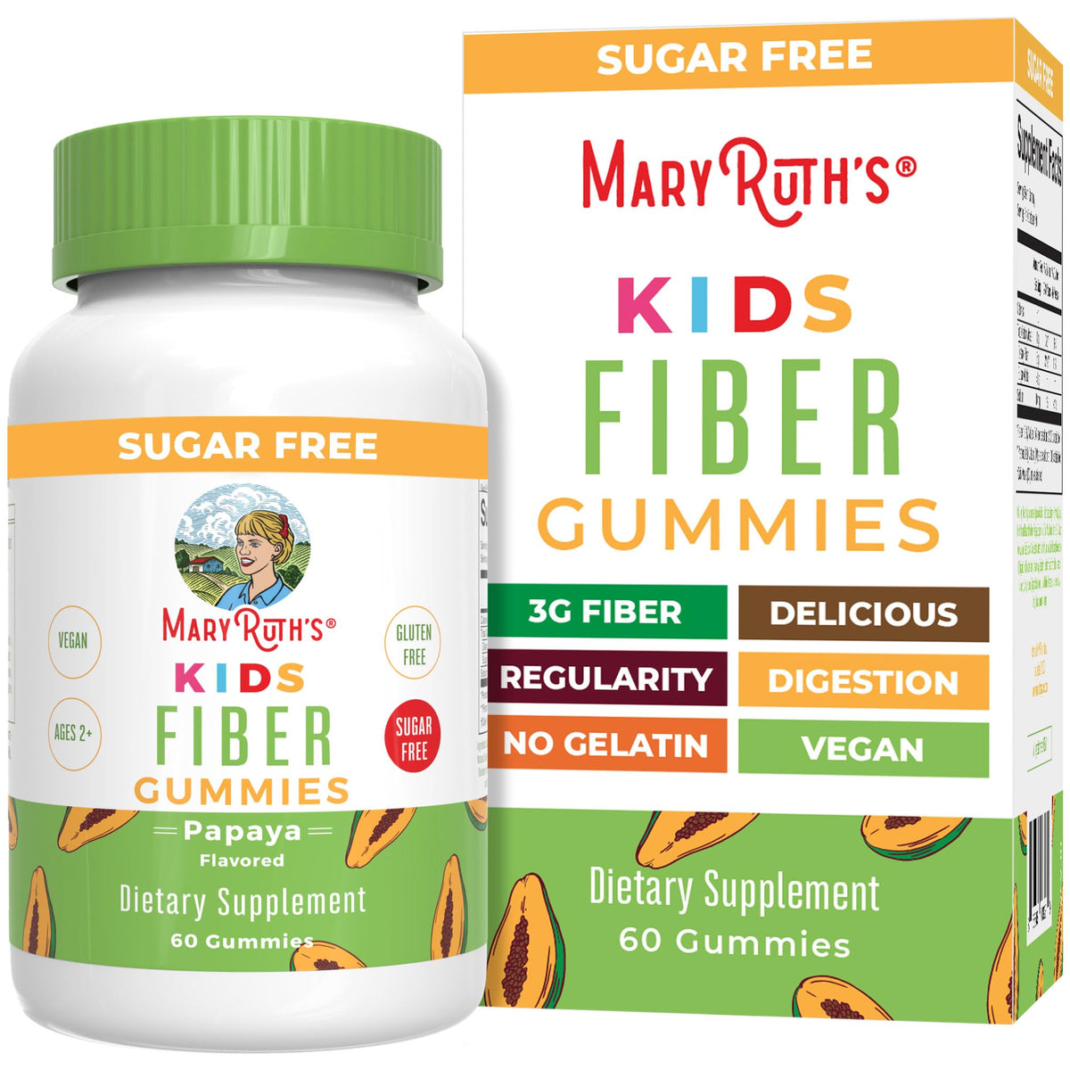 MaryRuth Organics Kids Fiber Gummies bottle close-up supports gentle digestion.