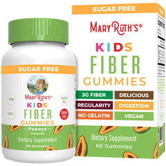 MaryRuth Organics Kids Fiber Gummies bottle close-up supports gentle digestion.