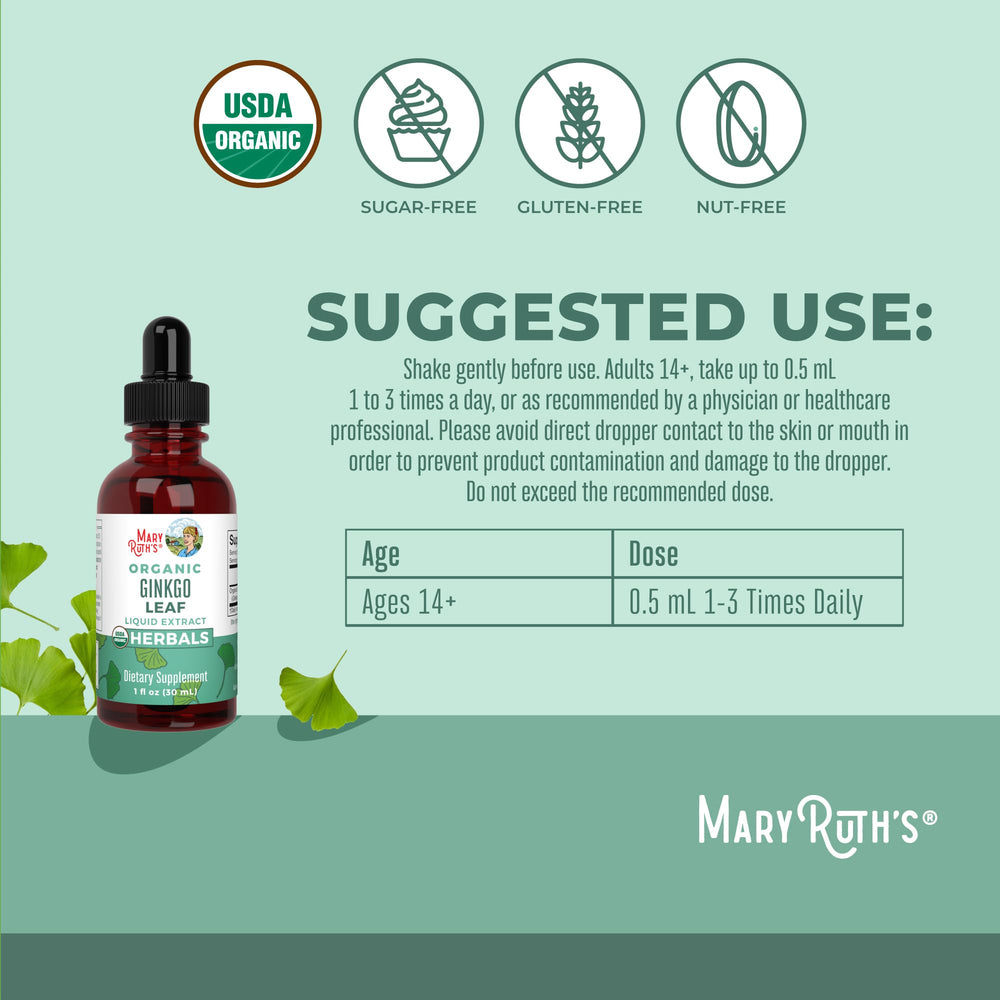 MaryRuth Organics Ginkgo Leaf label with USDA Organic and Vegan marks for clean, plant-based wellness