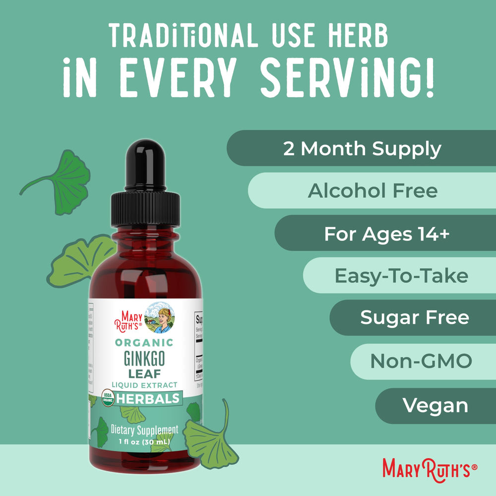MaryRuth Organics Ginkgo Drop bottle indicates 60 servings for ongoing routine and steady use