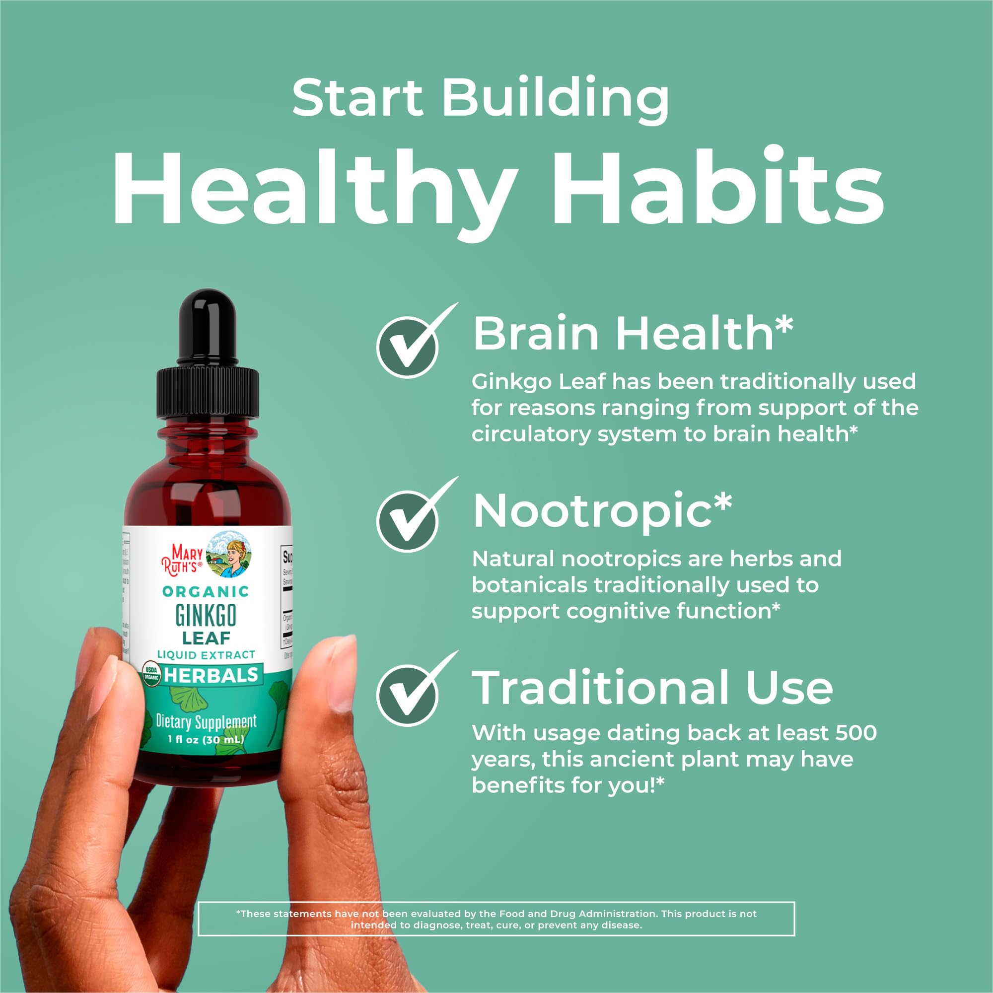 MaryRuth Organics Ginkgo Leaf Liquid Drops bottle on a sunlit surface for daily wellness support
