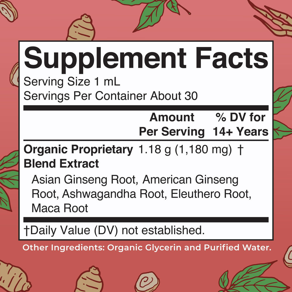 MaryRuth Organics Ginseng and Ashwagandha capsules closeup highlight adaptogens.