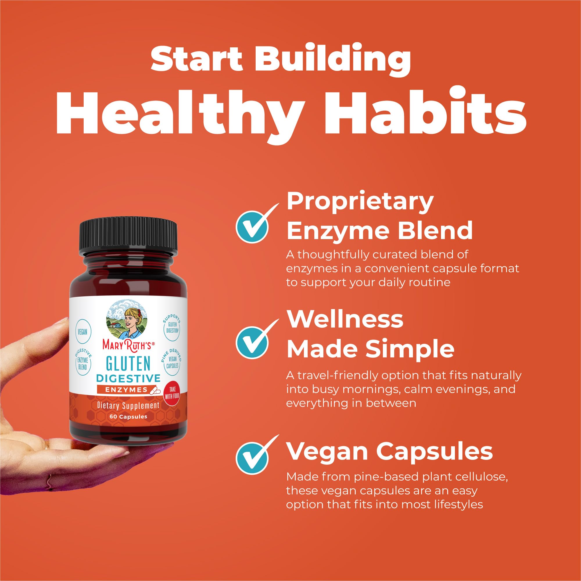 MaryRuth Organics Gluten Digestive Enzymes label detail emphasizes vegan pine-based capsules.