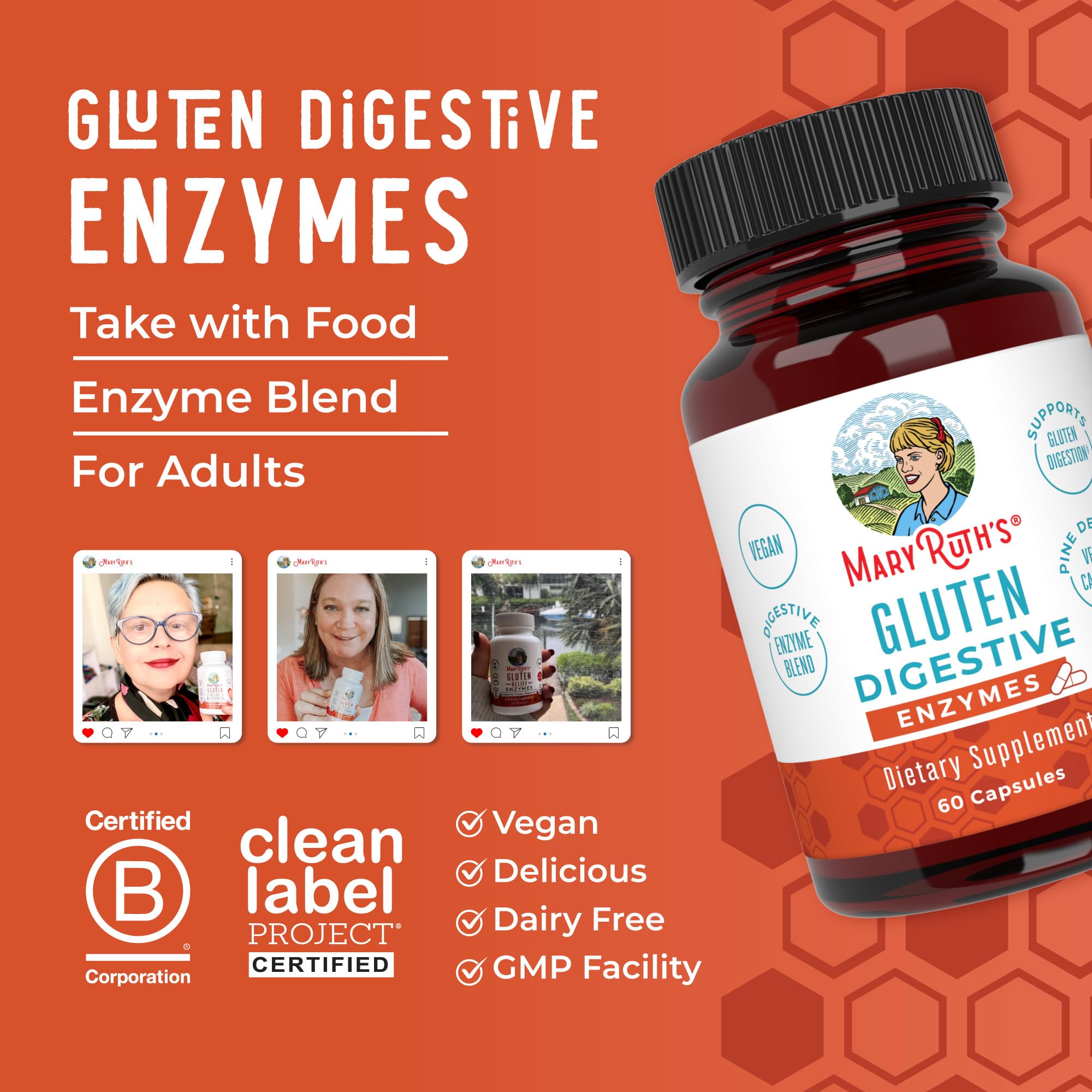 MaryRuth Organics Gluten Digestive Enzymes non-GMO formula in a compact bottle.
