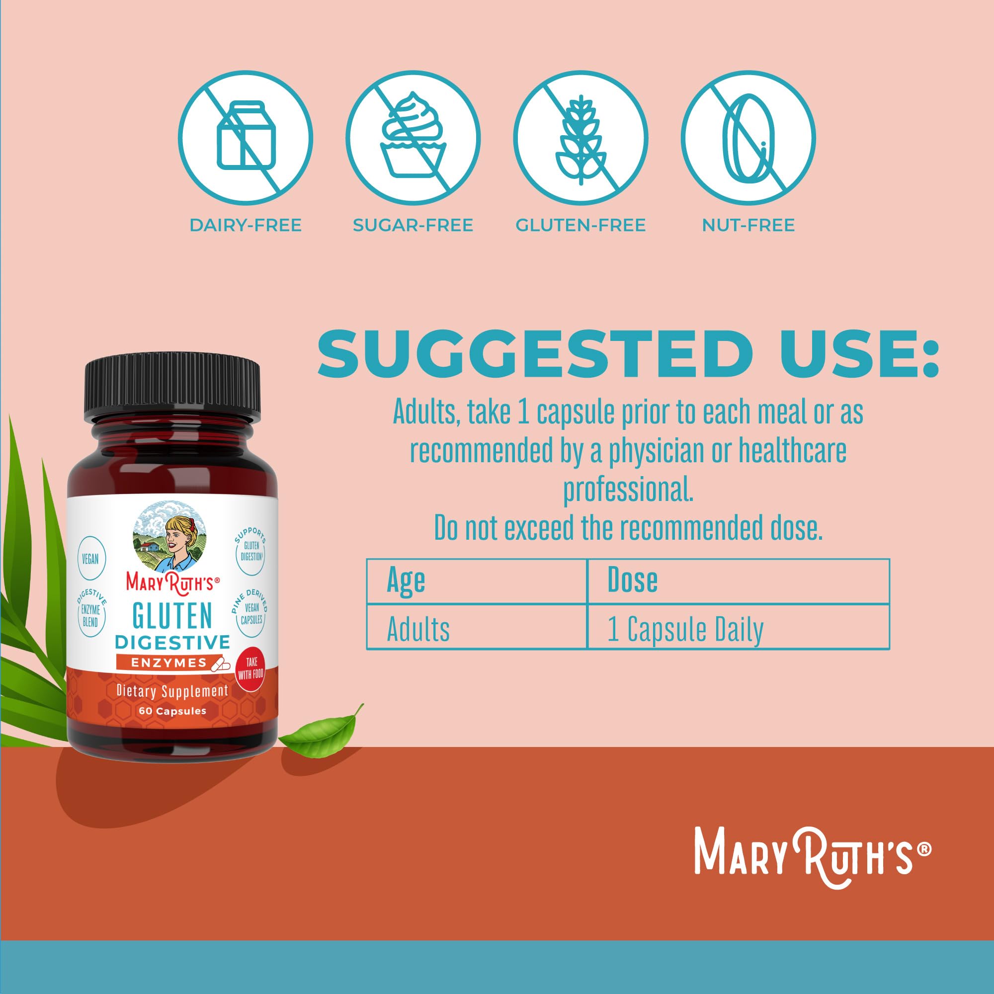 MaryRuth Organics Gluten Digestive Enzymes packaging front highlights non-GMO and gluten-free formula.