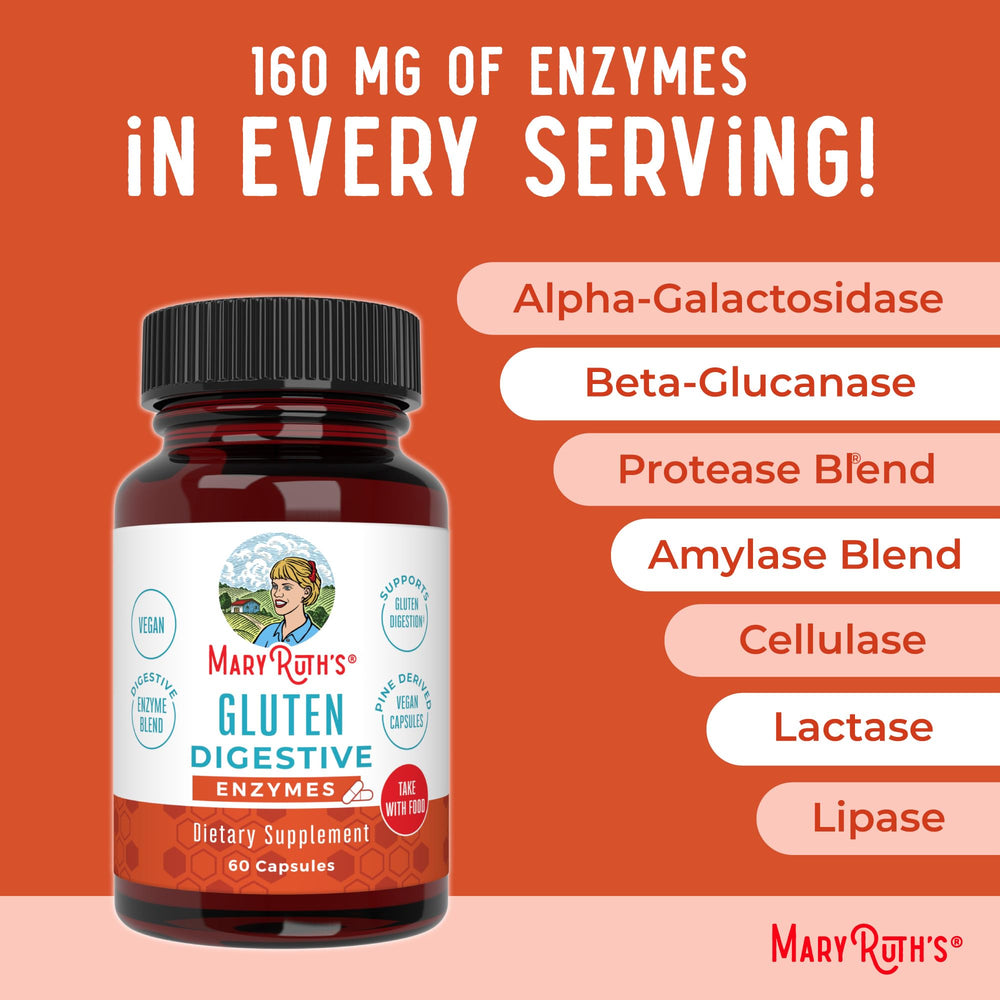 MaryRuth Organics Gluten Digestive Enzymes vegan capsules ready for daily routines.