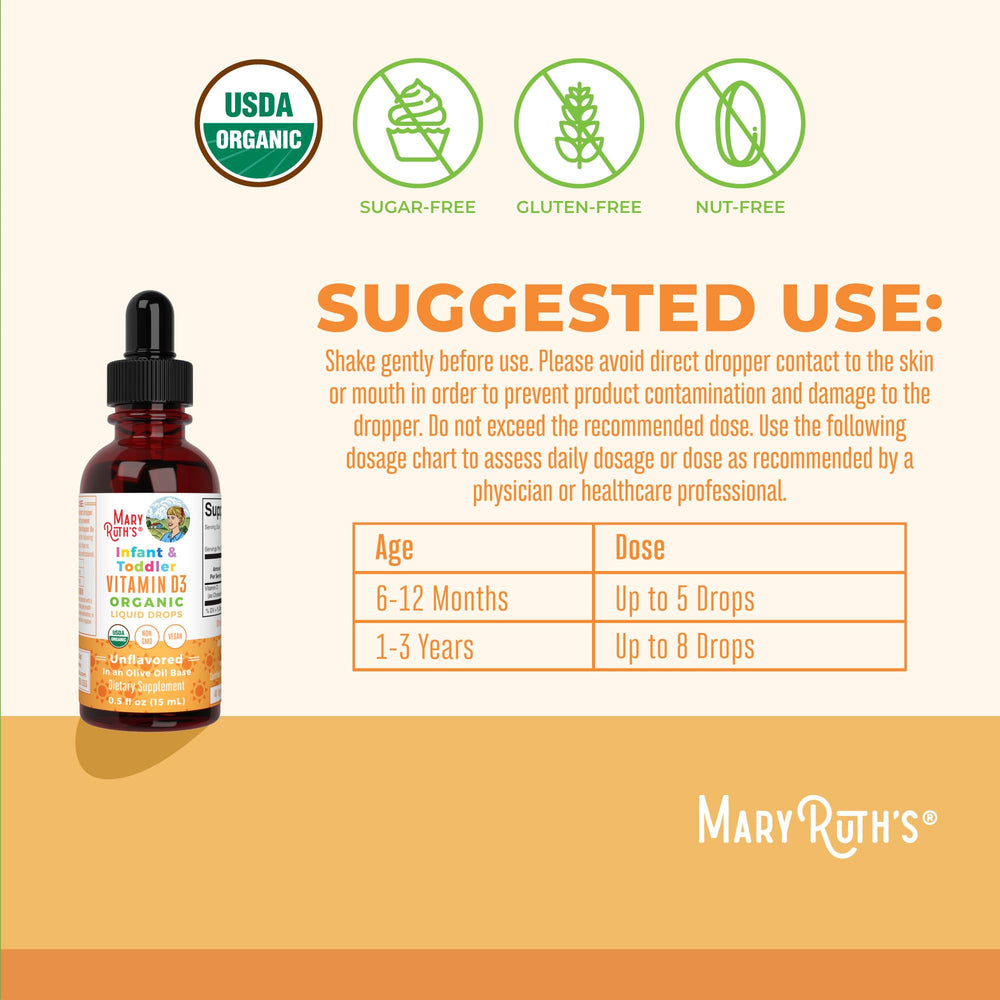 GMO and gluten-free label on MaryRuth Organics D3 drops packaging