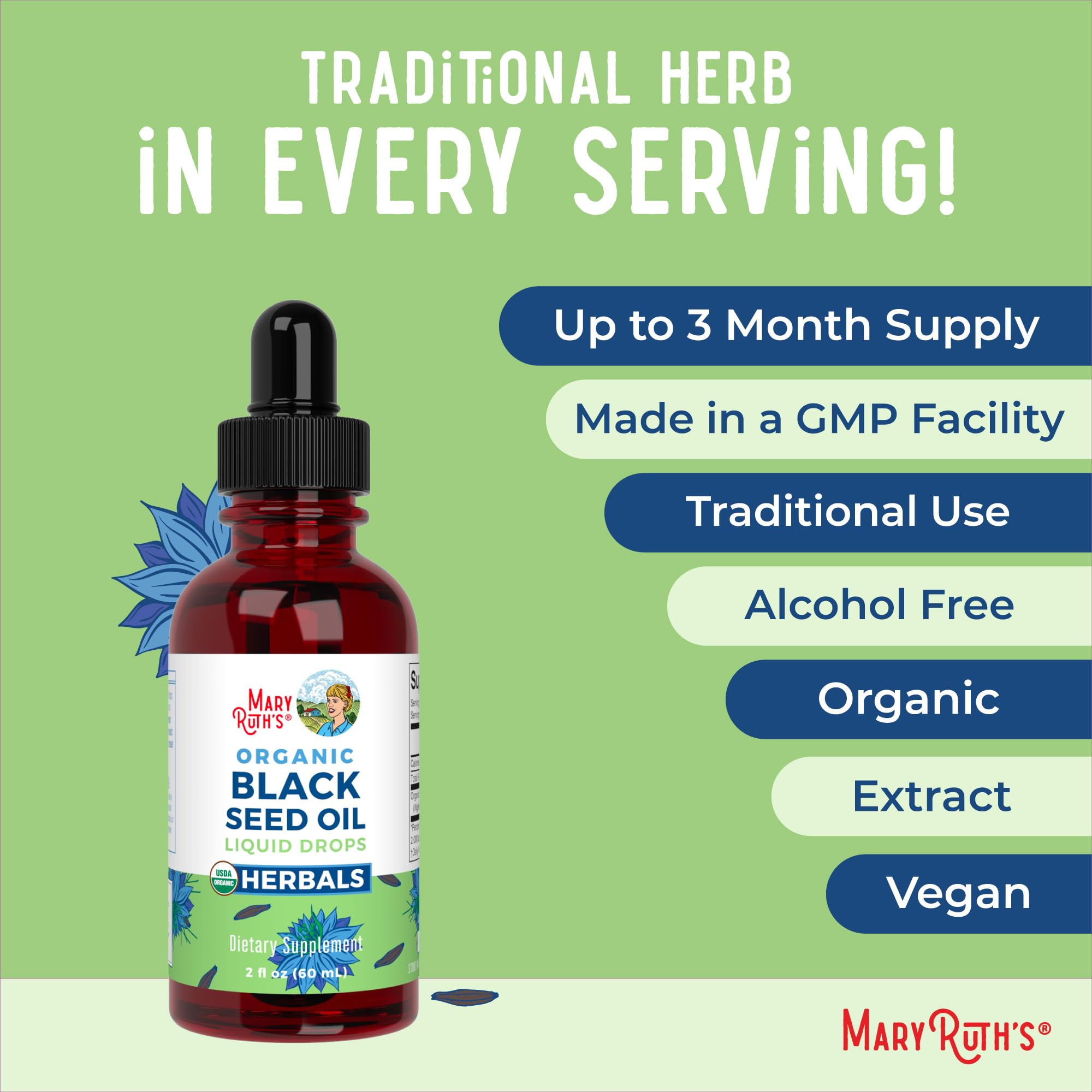 MaryRuth Organics oil label notes gluten free and sugar free attributes.