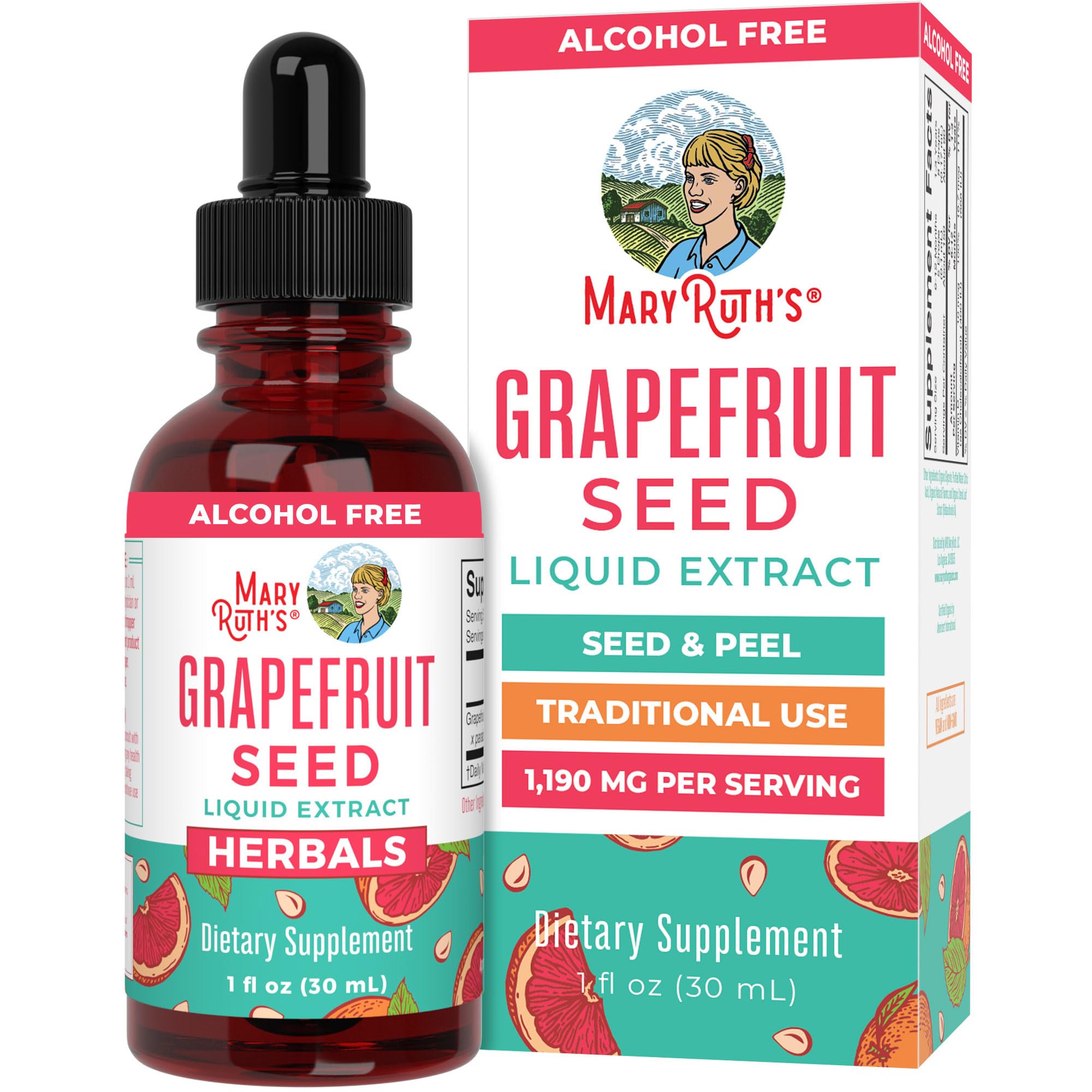 MaryRuth Organics grapefruit seed extract bottle pour for easy daily dosing.