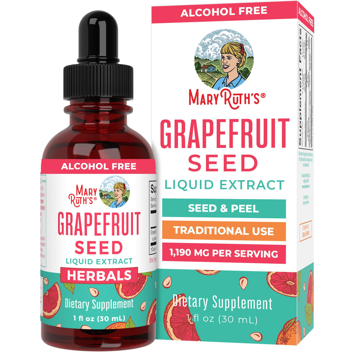 MaryRuth Organics grapefruit seed extract bottle pour for easy daily dosing.