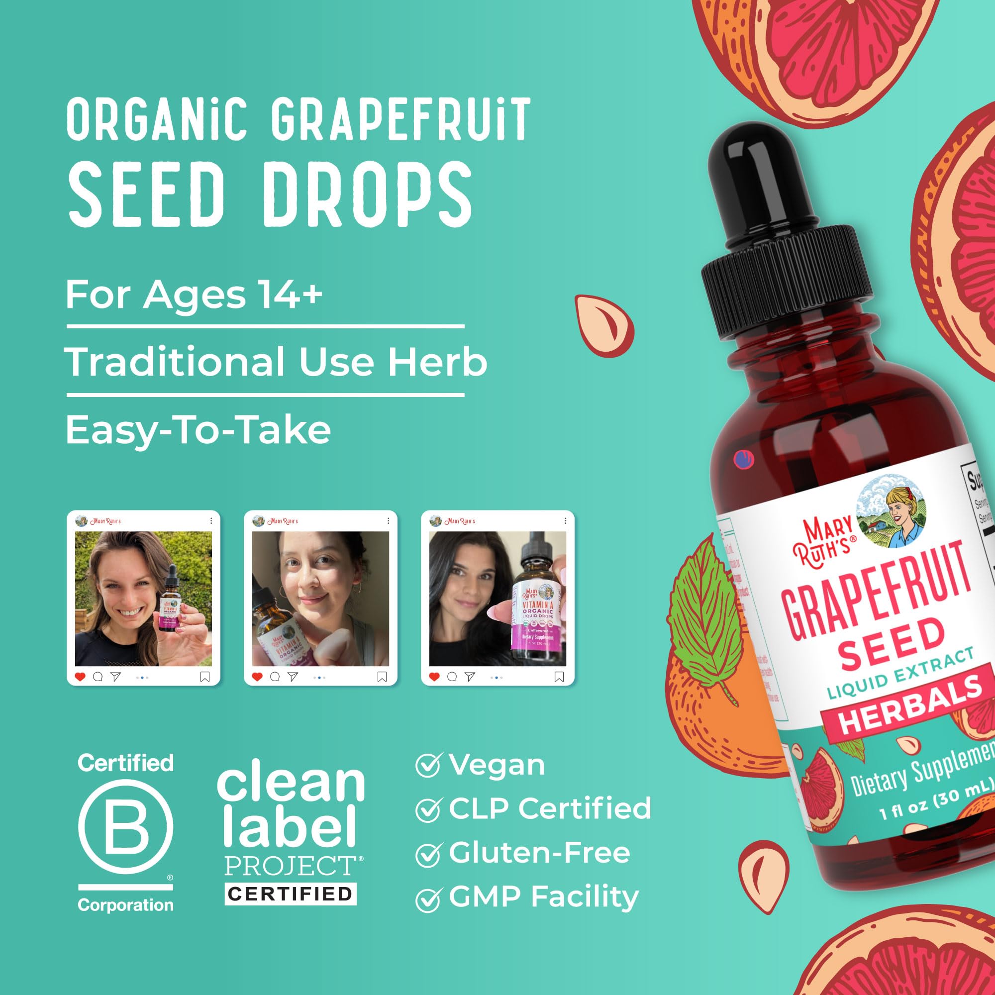 MaryRuth Organics grapefruit seed extract gluten-free icon marks allergen-friendly option.