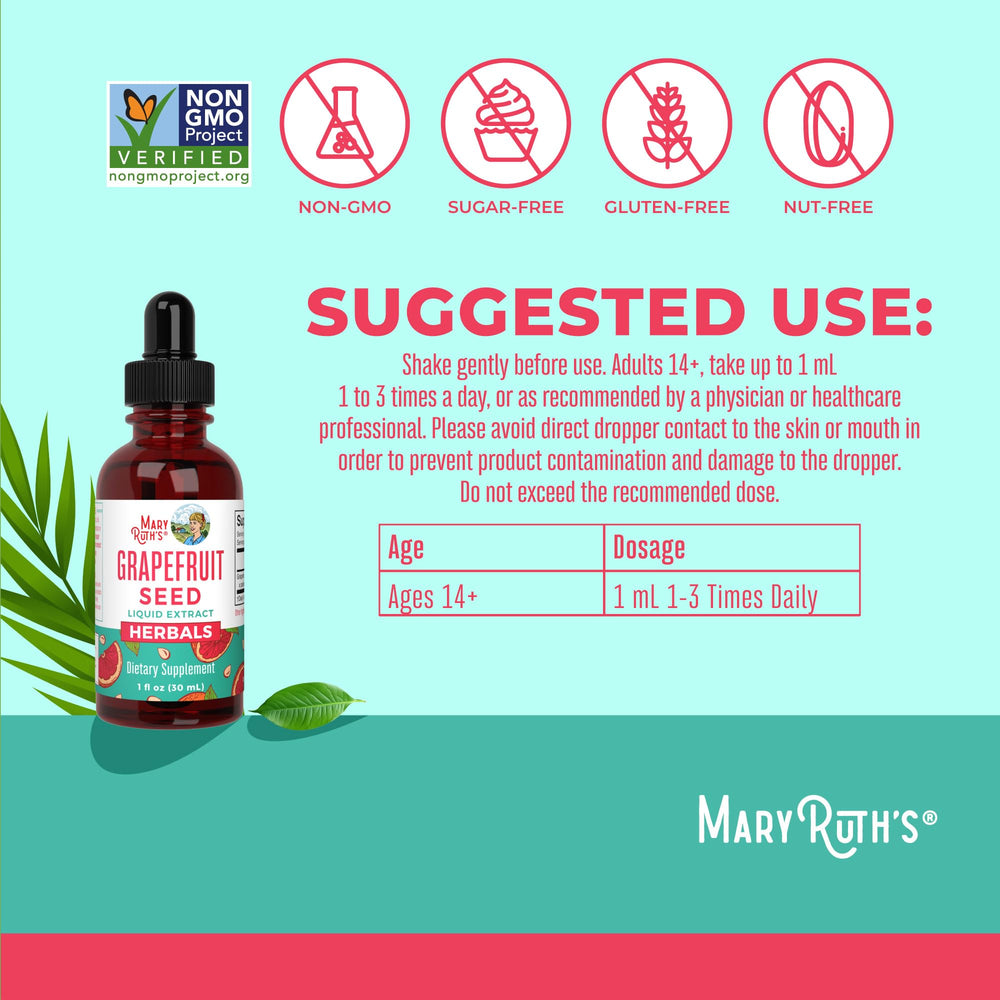 MaryRuth Organics grapefruit seed extract label closeup shows ingredients and formulas.